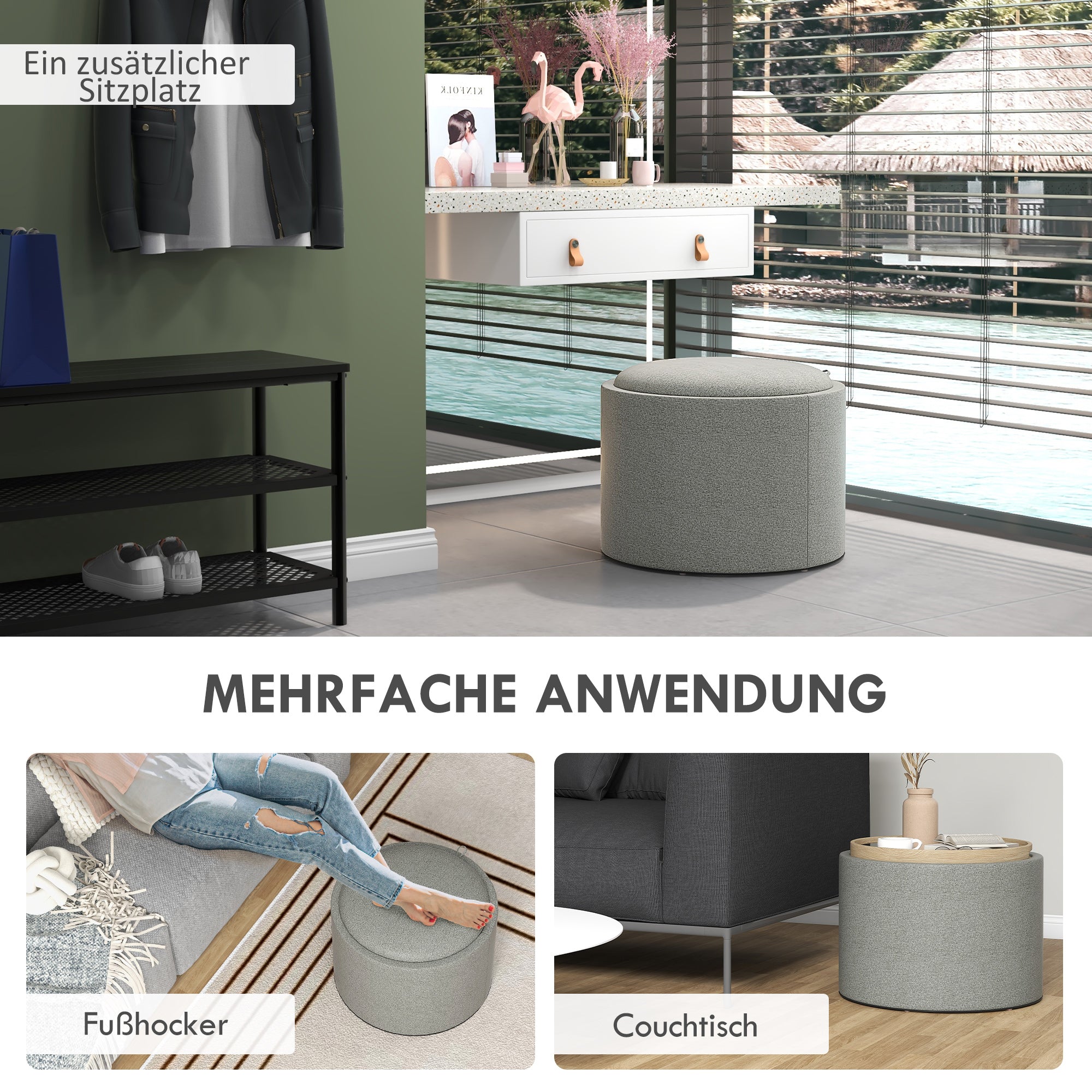 HOMCOM Hocker Polsterhocker, Leinen, versteckter Stauraum, umkehrbarer Deckel, 5 6cm x 56 cm x 42 cm, Grau + Natur