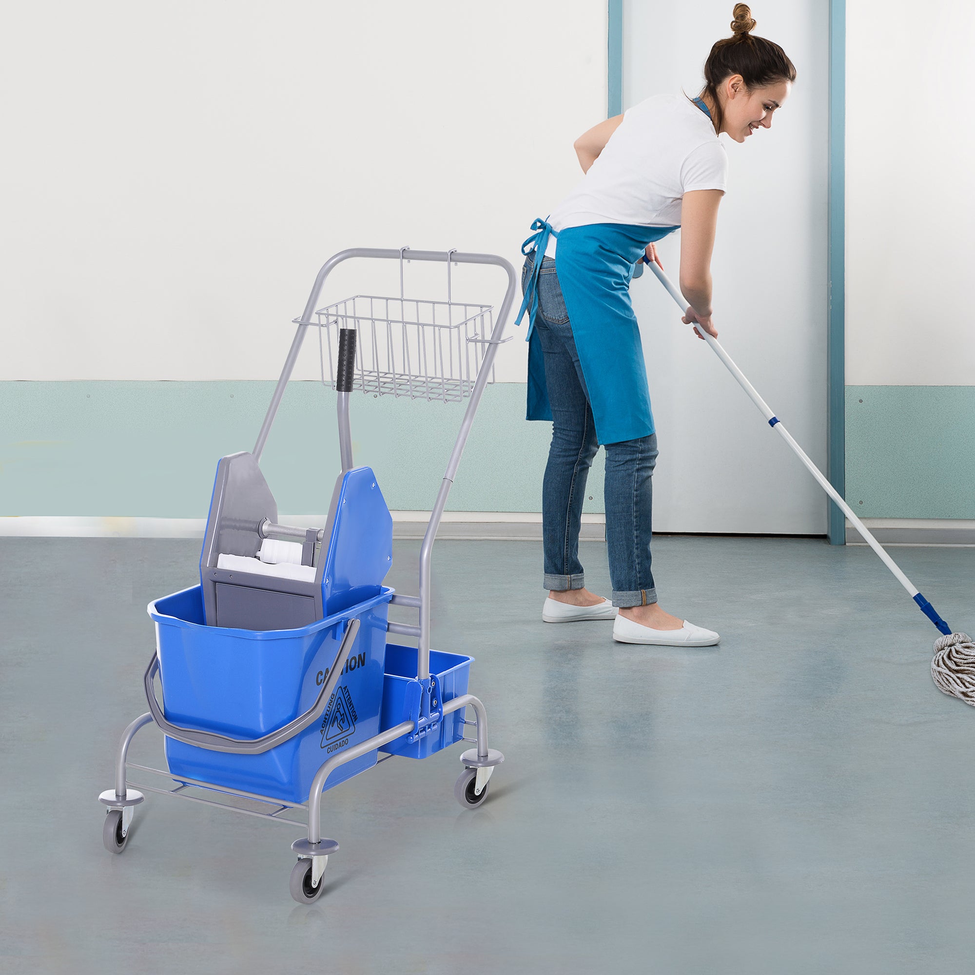HOMCOM Reinigungswagen, Moppwagen, 25 L Fassungsvermögen, 4 Räder, Kunststoff, Blau