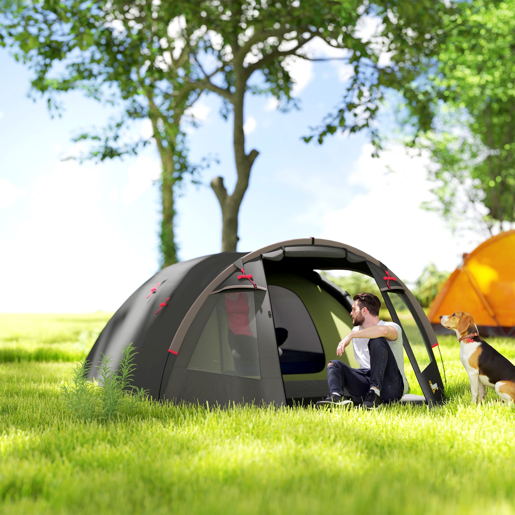 Outsunny Tunnelzelt für 4 Personen leicht, stabil wasserdicht UV 50+ Campingzelt mit Vordach Doppeltür Schwarz