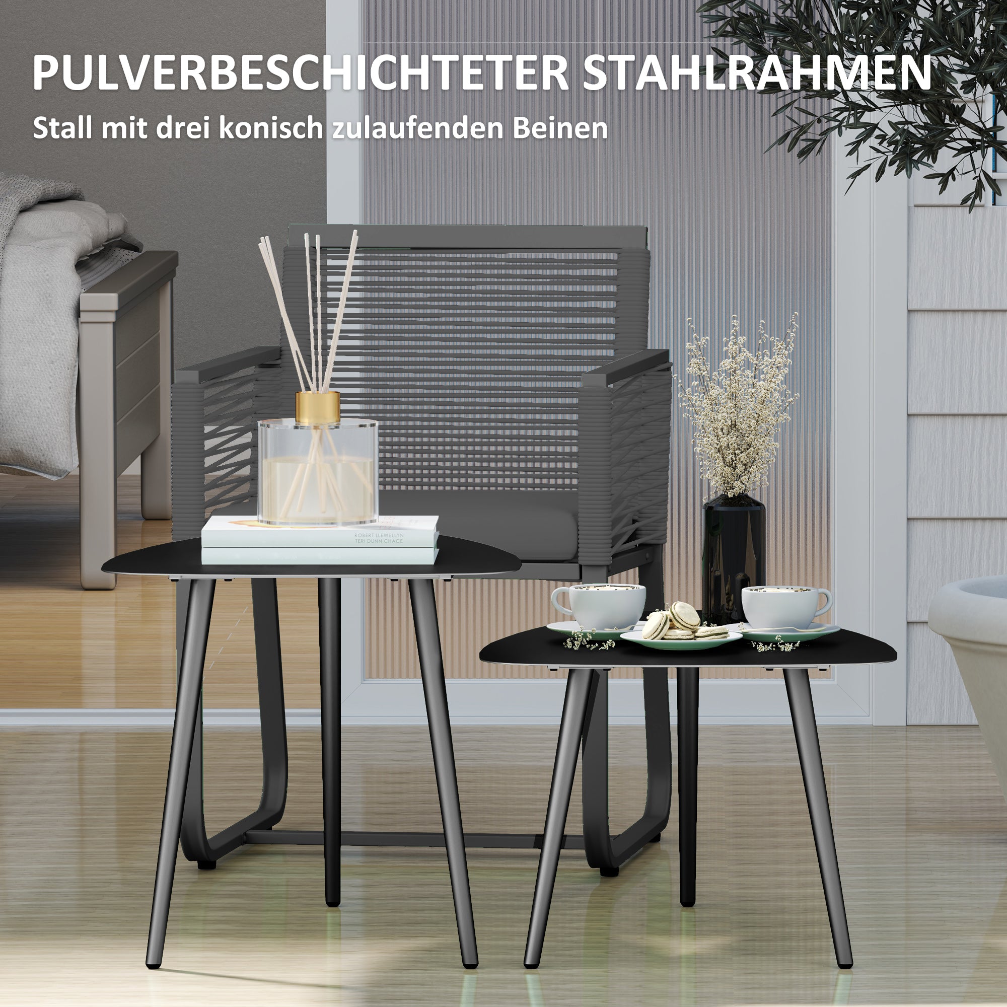 Outsunny Couchtisch 2er Set, Wetterfest Balkontisch aus Stahl, Beistelltisch im Geometrischem Design Schwarz