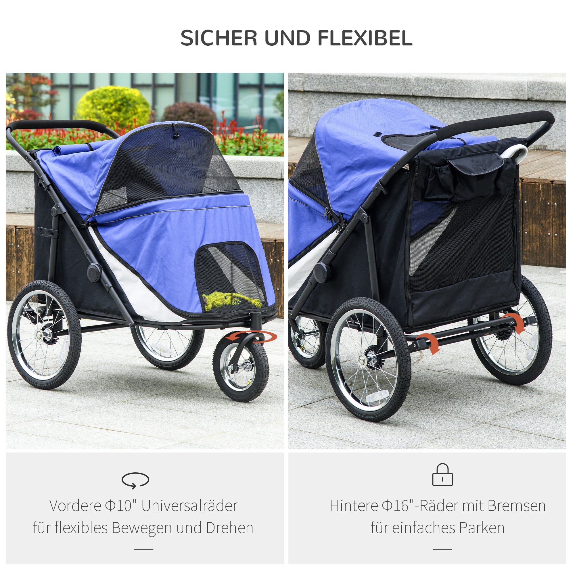 PawHut Hundebuggy, faltbar, aufklappbar, Liegekissen, Stahlrahmen, Blau/Schwarz