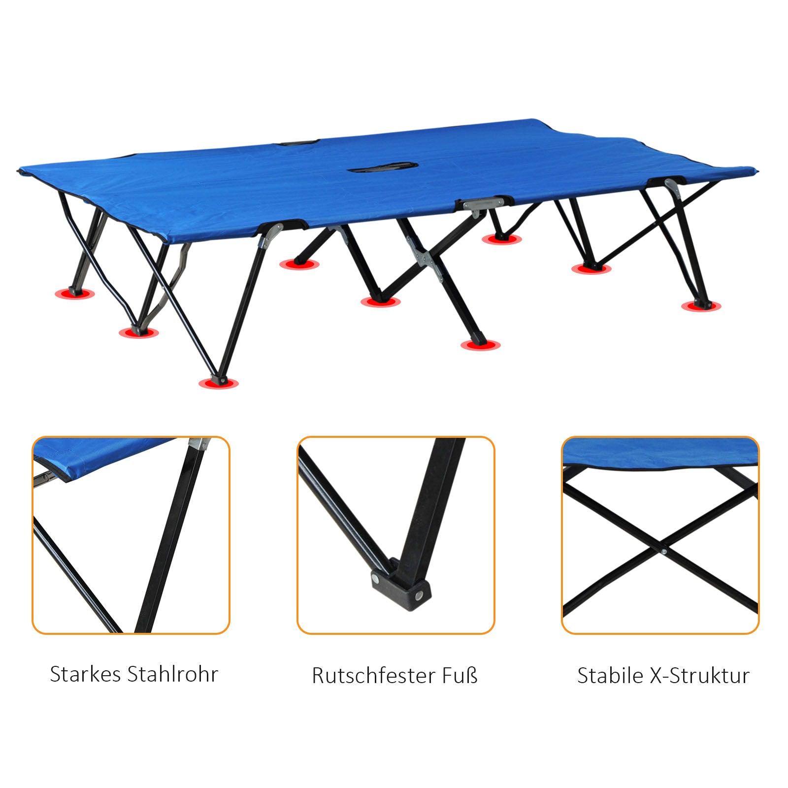 Outsunny Campingbett Klappbar für 2 Personen Feldbett Klappbett mit Tragetasche bis 136 kg belastbar Stahl Oxford Blau+Schwarz 193 x 125 x 40 cm