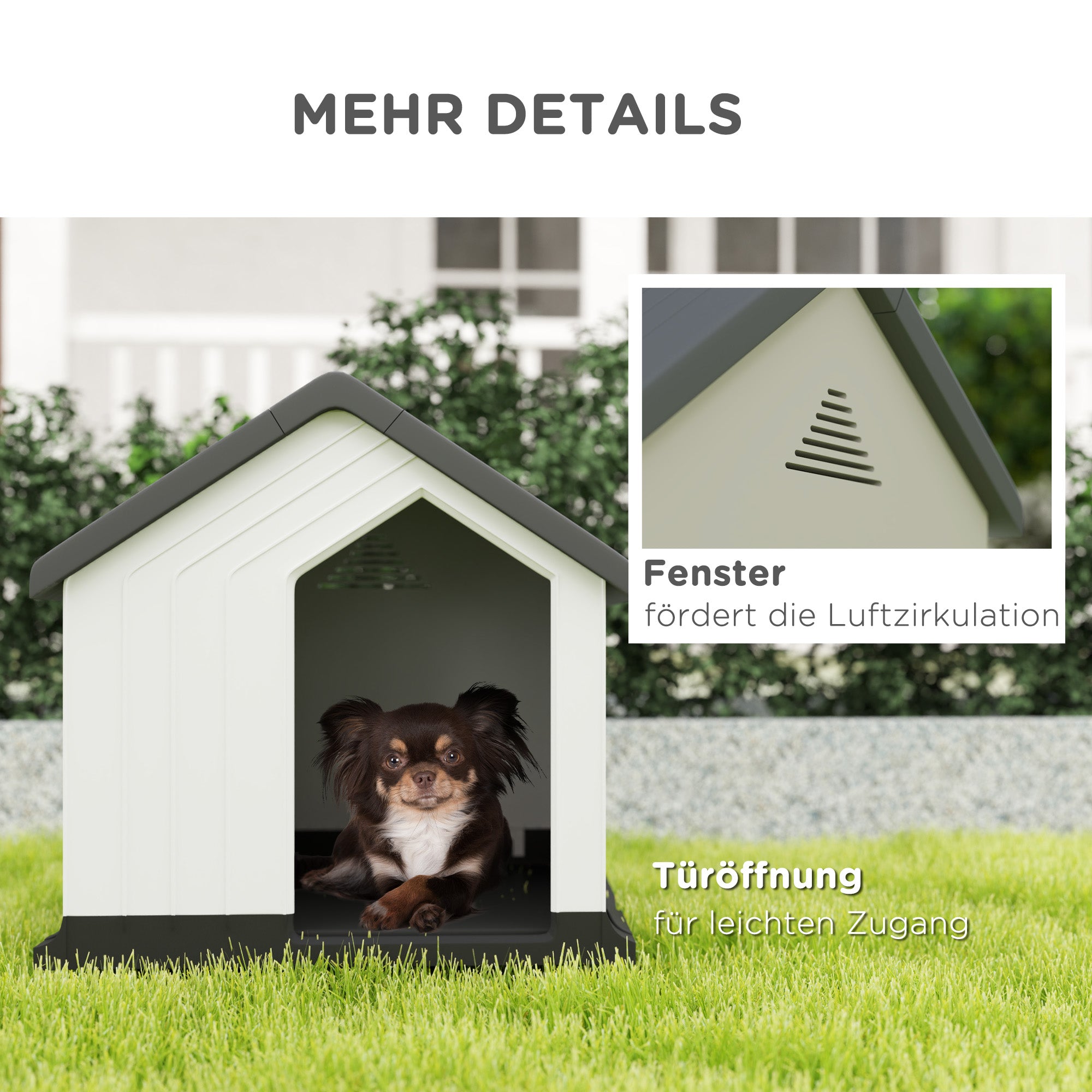 PawHut Hundehütte, wetterfest, Fenster & Tür, für kleine Hunde bis 10kg/40cm Länge, 62x61x60cm, Grau/Weiß