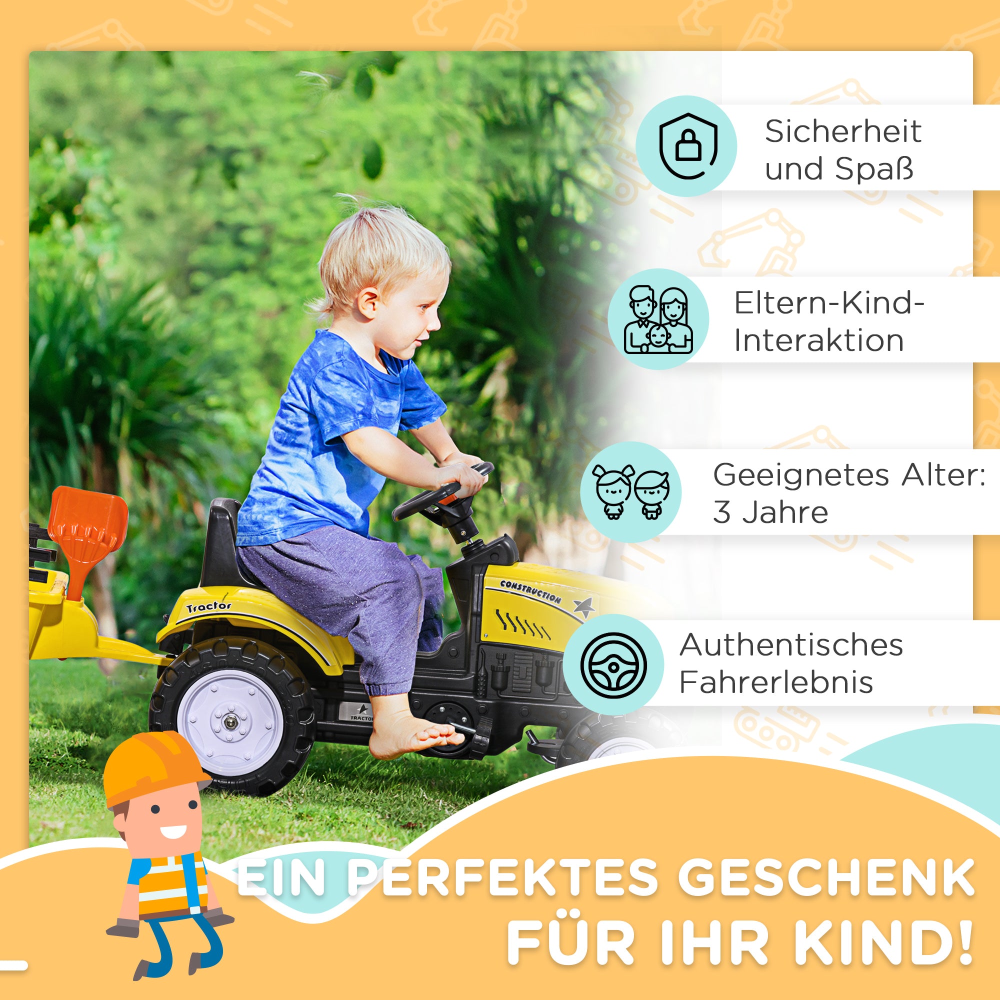 HOMCOM Trettraktor mit Anhänger, Werkzeug, Hupe, für Kinder ab 3 J., Metallrahmen, schwarz-gelb, 133 x 42 x 51 cm