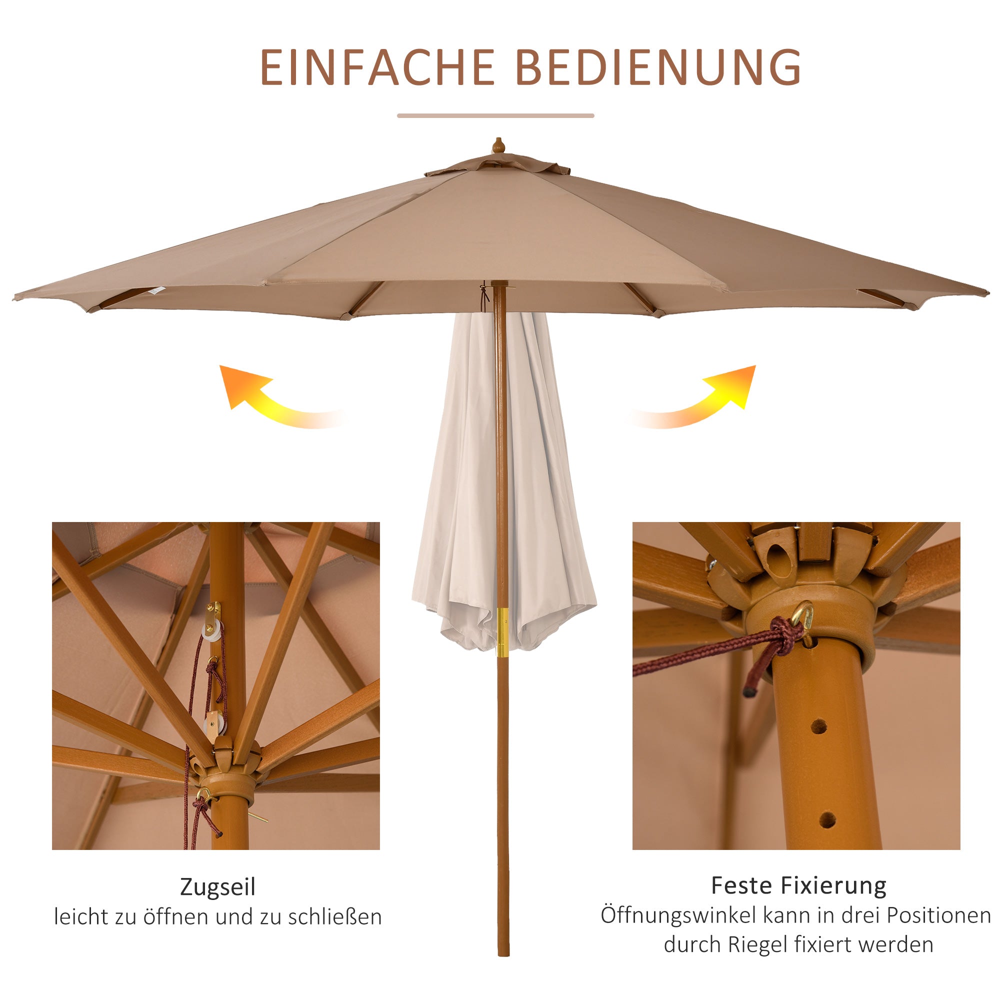 Outsunny Sonnenschirm Ø 300 cm, Sonnenschirm mit UV Schutz Balkonschirm aus Holz Strandschirm stabil Marktschirm Sonnenschutz für Strand Terrasse Garten, Khaki