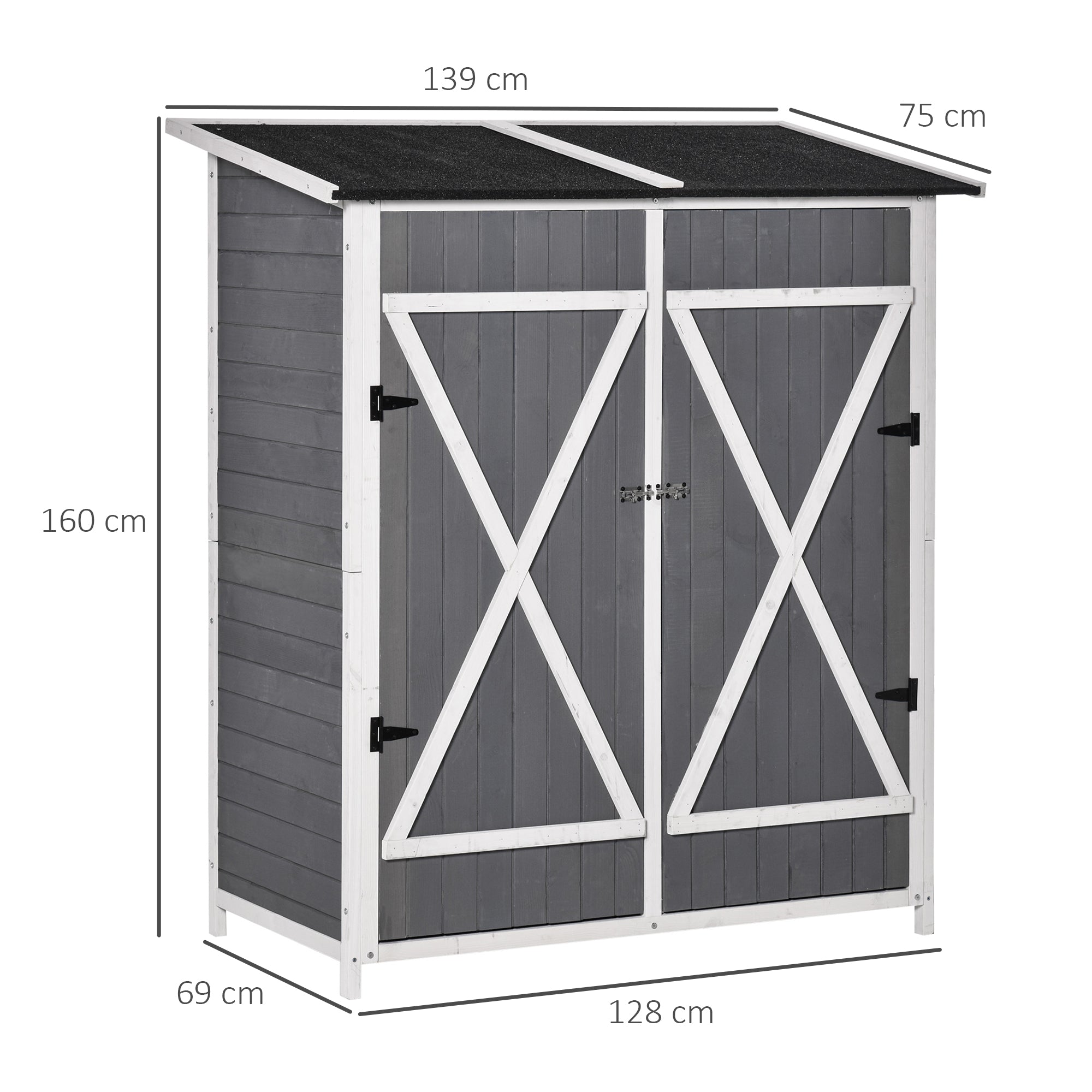 Outsunny Gartenschrank Geräteschuppen mit 2 Tür Geräteschrank mit Asphaltdach Gartenlagerschrank Antidumping Design mit Bodennägel Tannenholz Grau+Weiß 139 x 75 x 160 cm