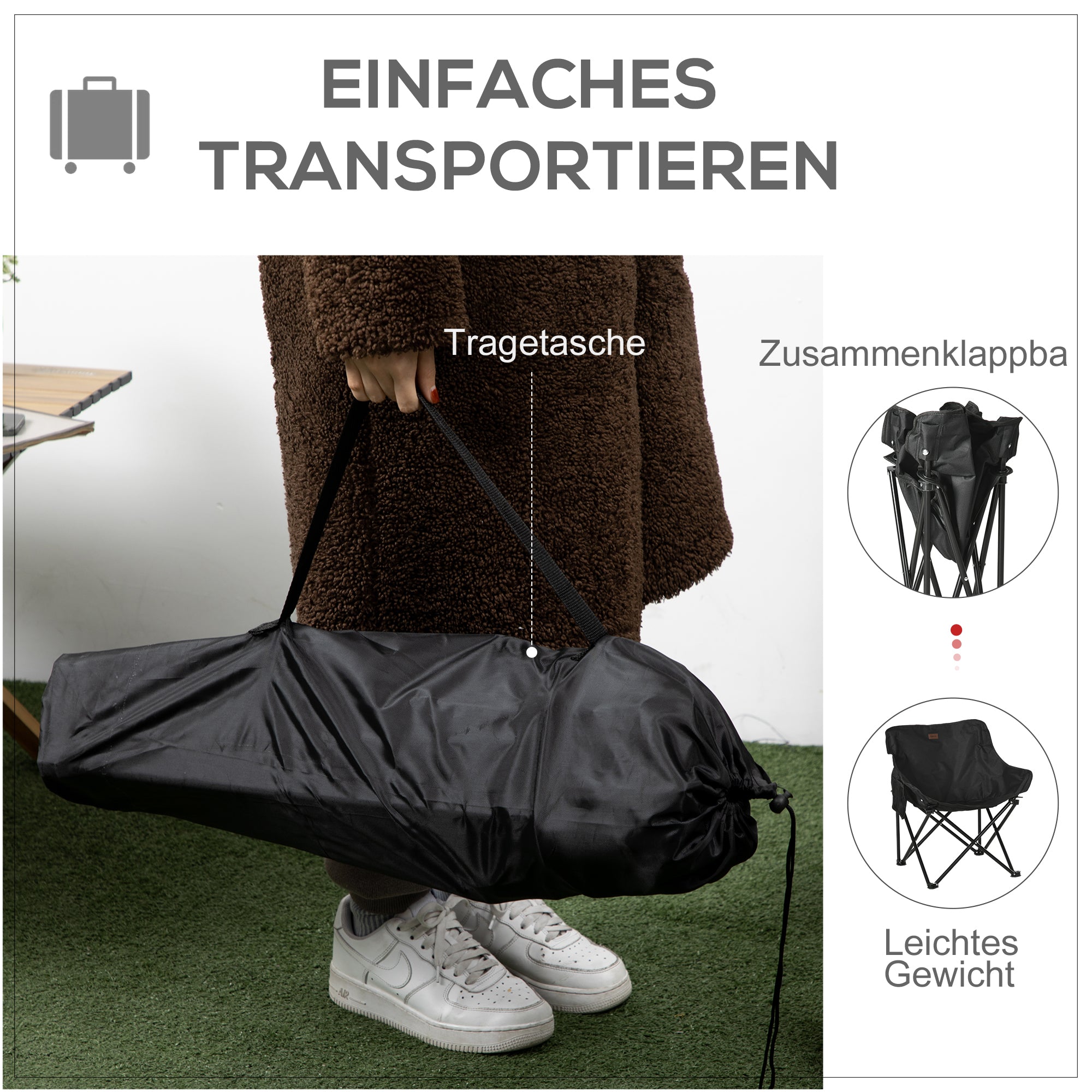 Outsunny Campingstuhl, faltbar, Stahlrahmen, Stoffsitz, Tragetasche, Schwarz