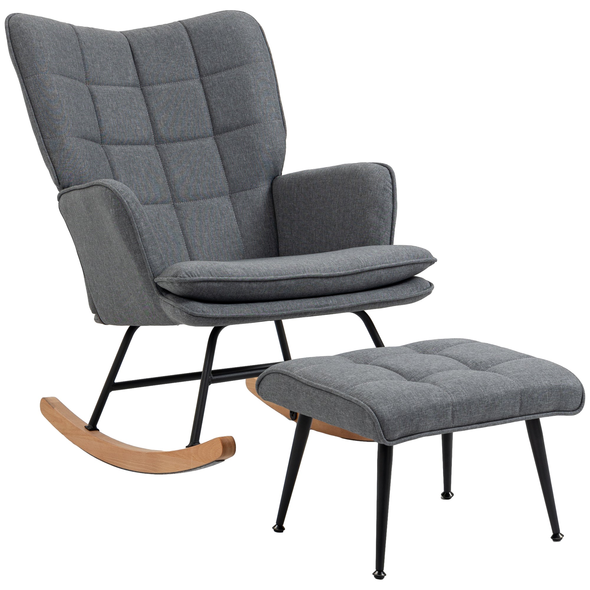 HOMCOM Schaukelstuhl mit Hocker, komfortabel, bis 130 kg, Leinenoptik, 64x89x90cm, Grau