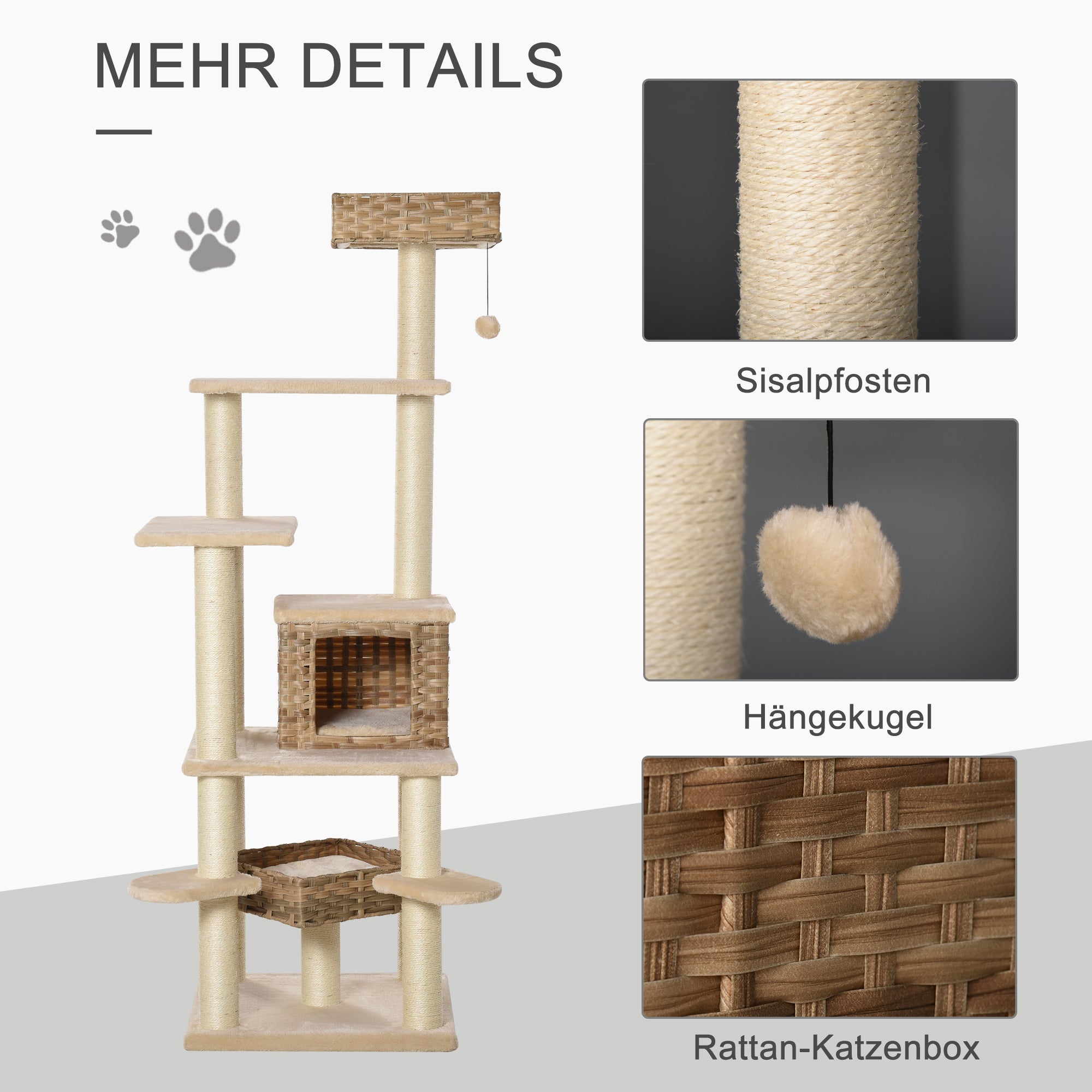 PawHut Rattan Kratzbaum mit Katzenhöhle Mehrstufiger Katzenbaum Kletterbaum für Katzen E1 MDF Sisal Beige+Braun 55 x 55 x 174 cm