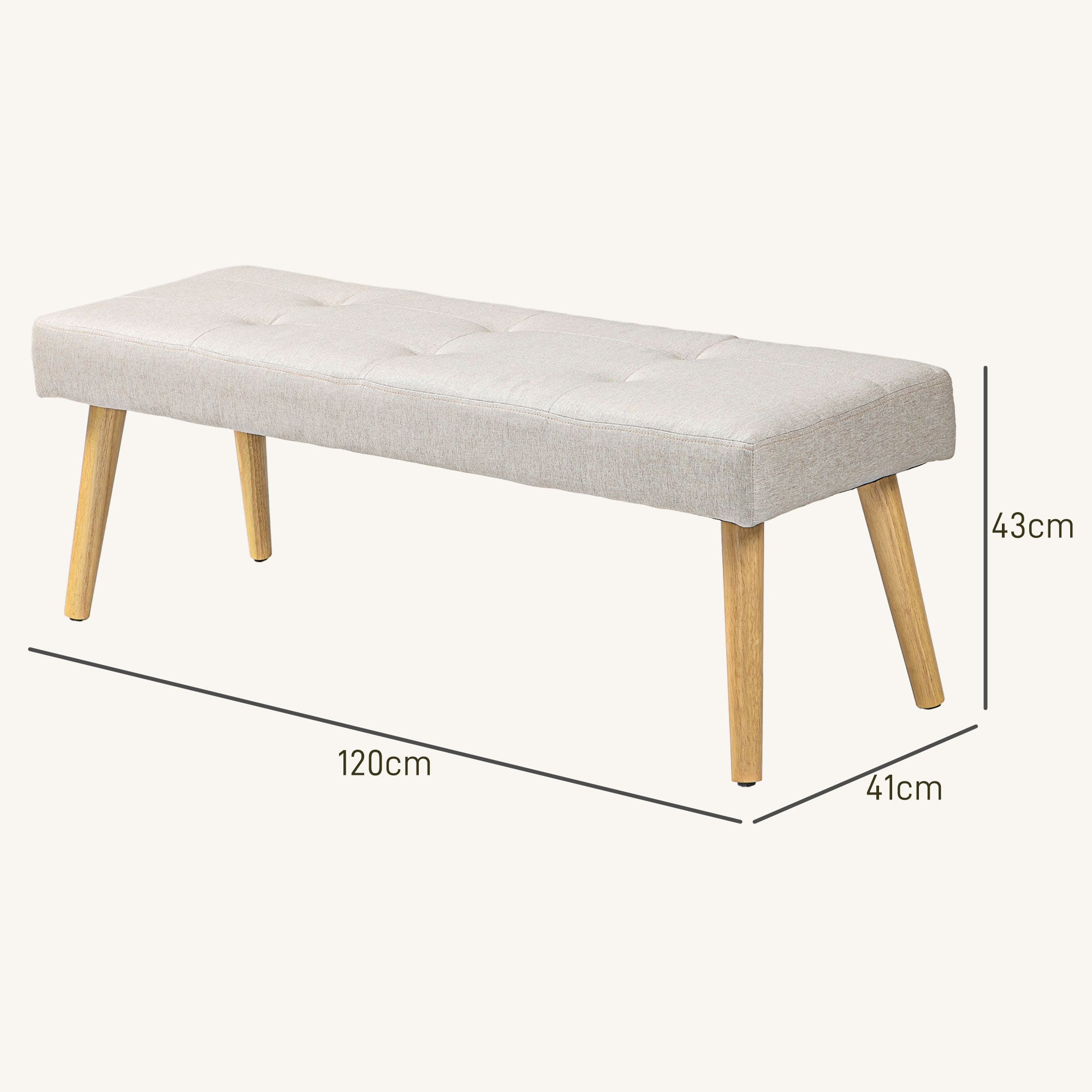 HOMCOM Bettbank, Sitzbank, weicher Bezug, Leinenoptik, bis 120 kg, Naturholzbeine, 120x41x43cm, Creme