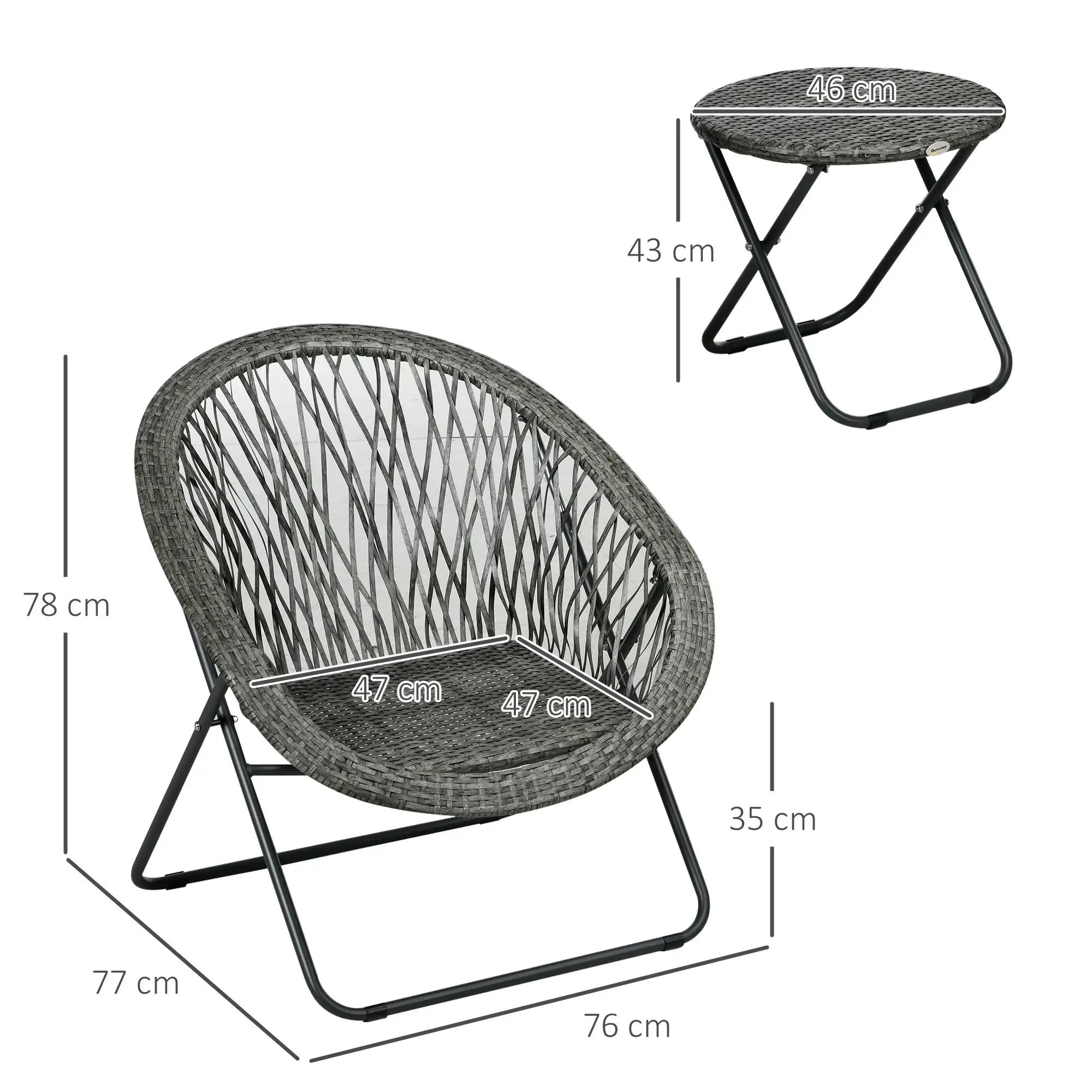Outsunny Gartenmöbel-Set, 3-teilig, Rattanoptik, 2 Stühle, 1 Tisch, klappbar, Grau