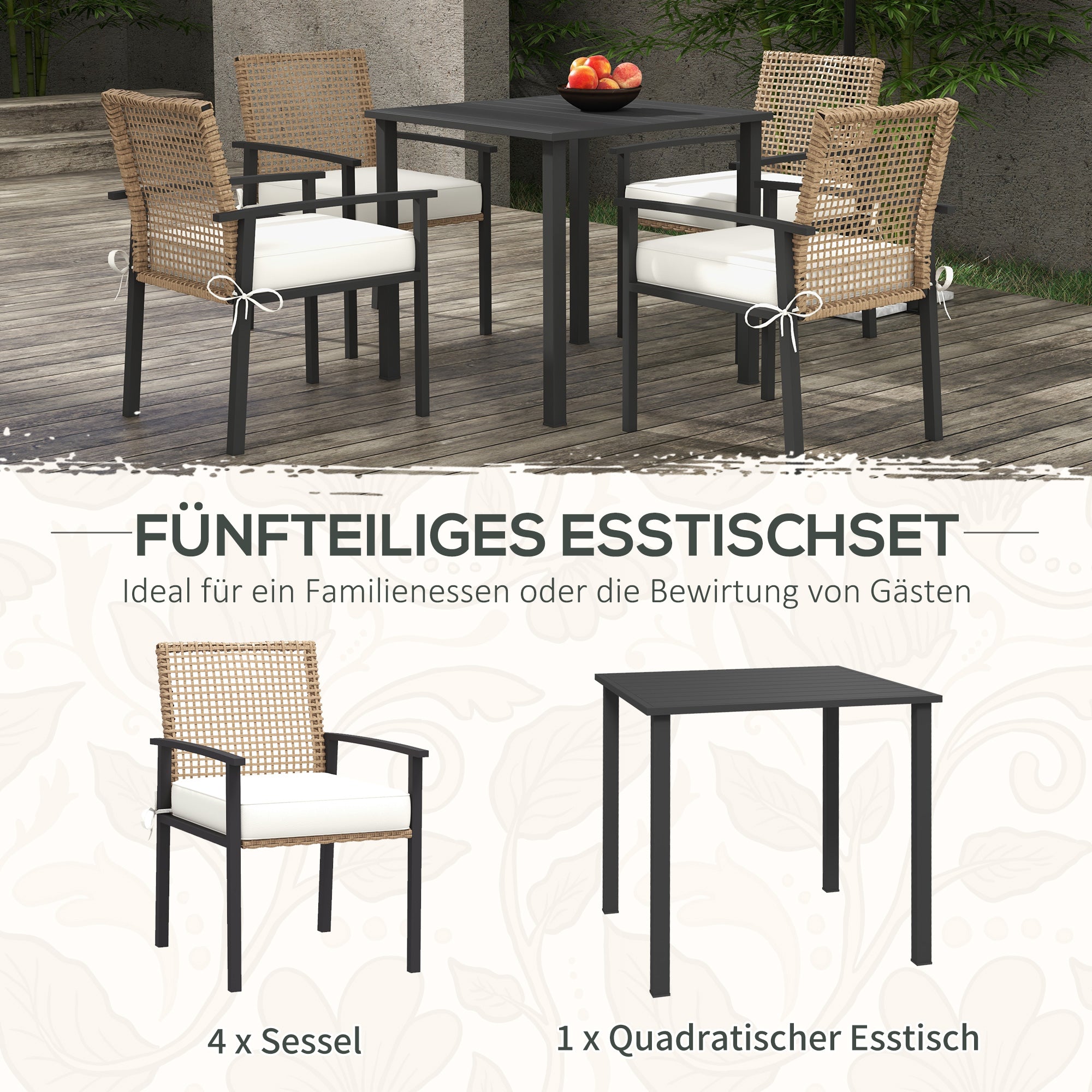 Outsunny Gartengarnitur, 5-teilig, Tisch, 4 Stühle mit Sitzkissen, Metallrahmen, Rattandekor, Natur