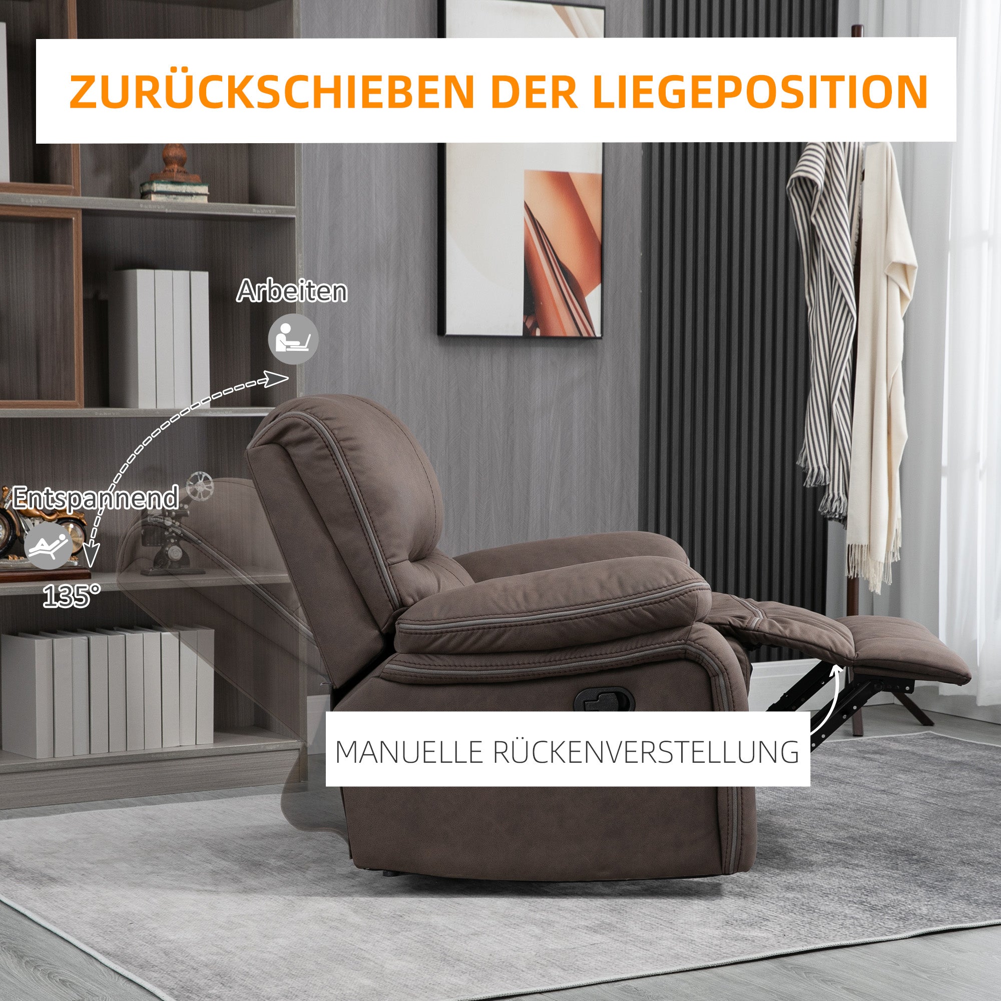 HOMCOM Polstersessel mit Fußstütze, Entspannungssessel zum Zurücklehnen, Mikrofaserbezug in Lederoptik, Metallstruktur, Braun