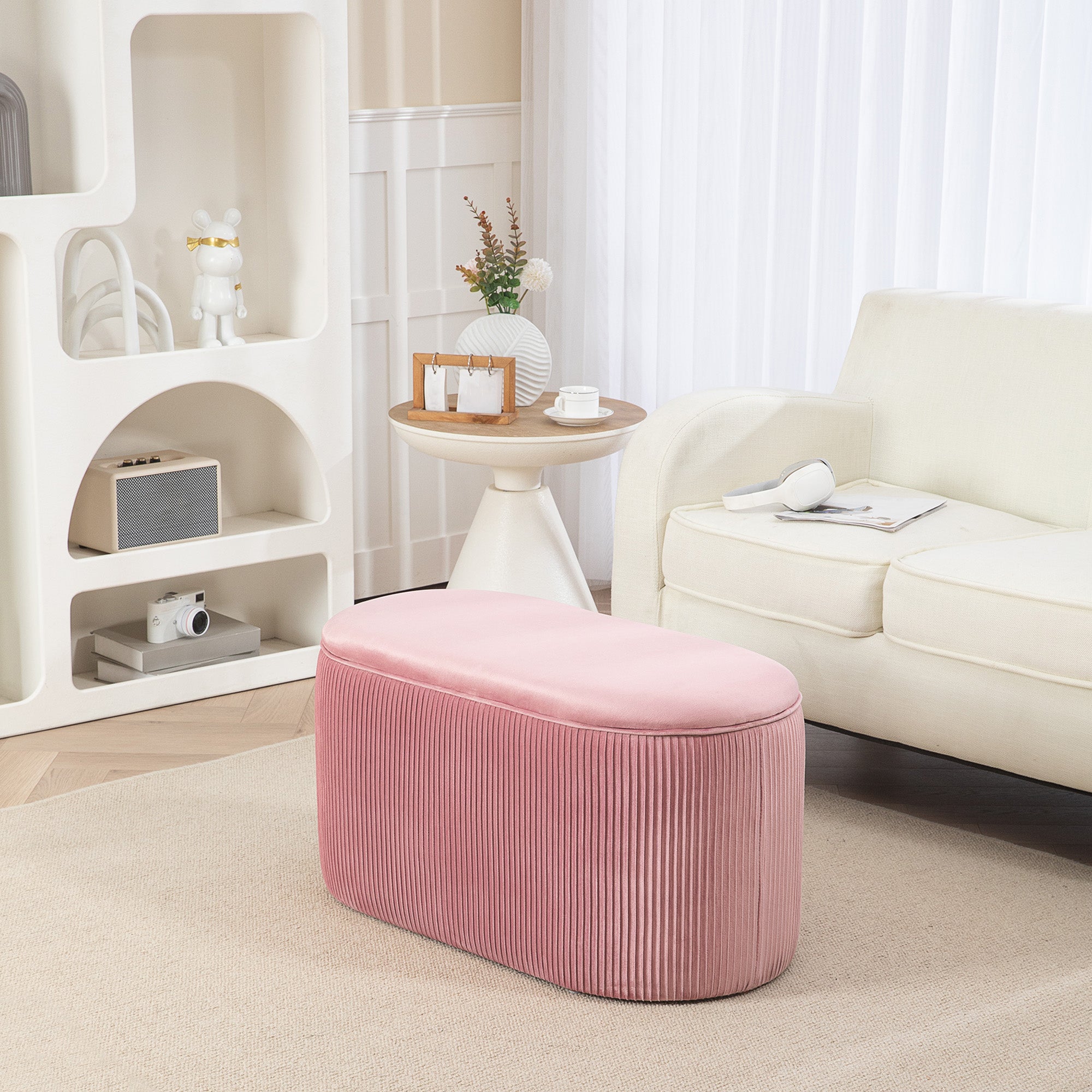 HOMCOM Sitzbank Bank mit Stauraum Polsterbank Ottomane, Retrodesign, Samtoptik, 81 cm x 40 cm x 41 cm, Altrosa