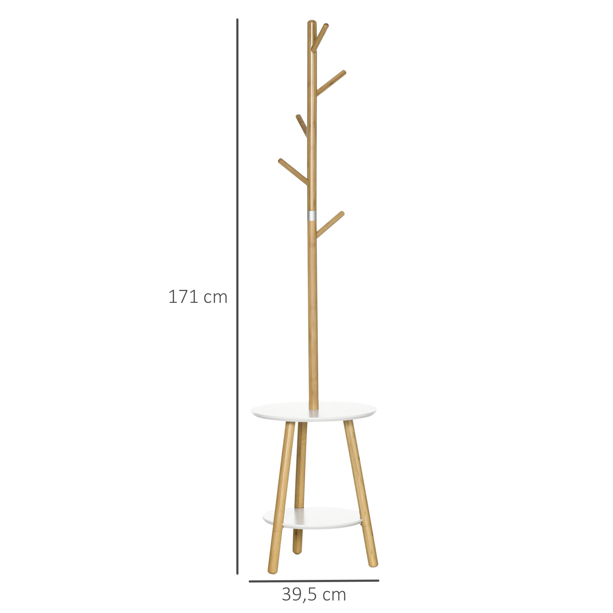 HOMCOM Garderobenständer mit Beistelltisch im Skandi-Design, 5 Kleiderhaken, 39, 5 cm x 39,5 cm x 171 cm, Natur + Weiß