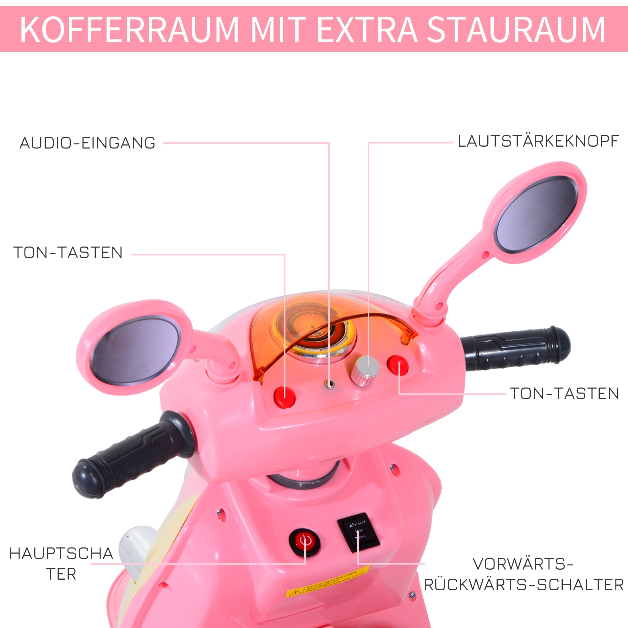 HOMCOM Elektro Kindermotorrad Elektromotorrad Kinderelektroauto Kinderfahrzeug Dreirad, 6V, Metall+PP, 108x51x75cm (Rosa+Gelb)