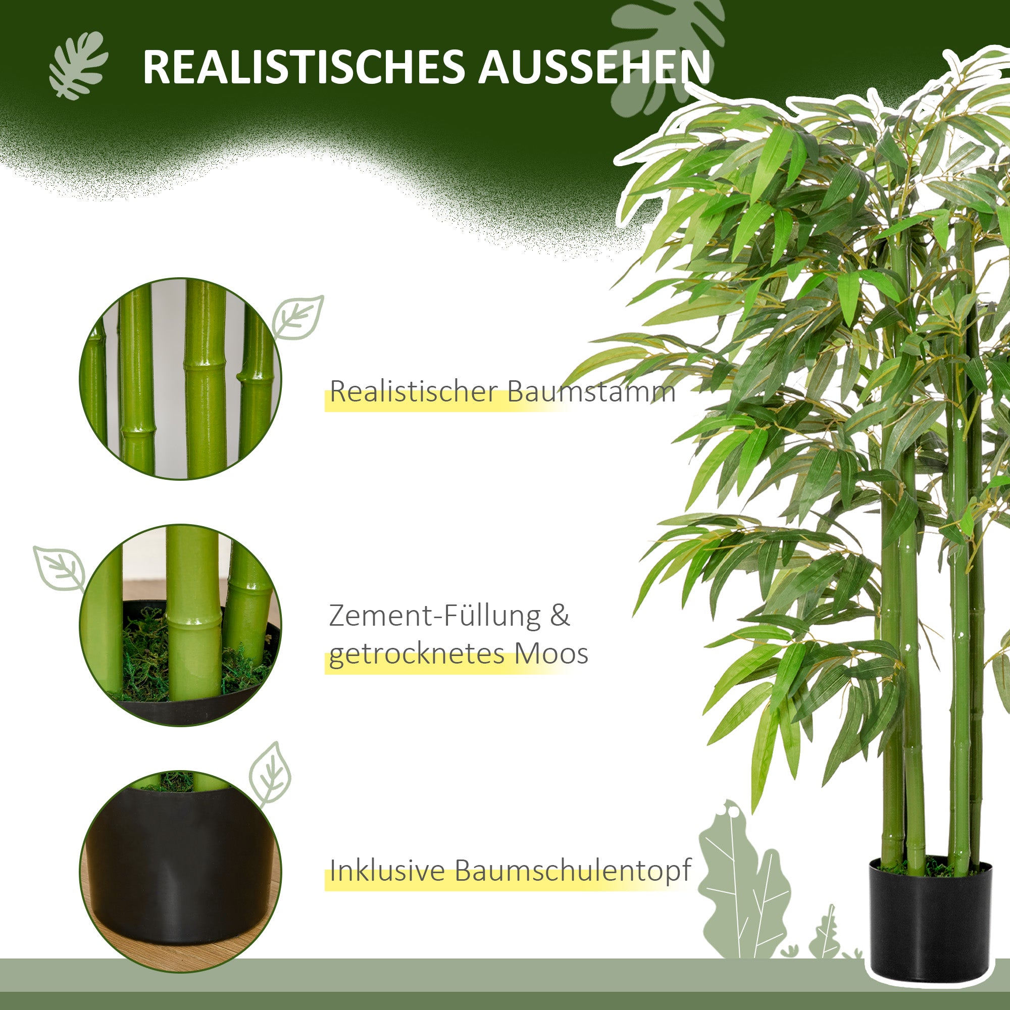 HOMCOM Künstliche Pflanze, Bambus aus Kunststoff im Topf, 780 Blätter, realistischer Look, kaum Pflegeaufwand, 140 cm, Grün