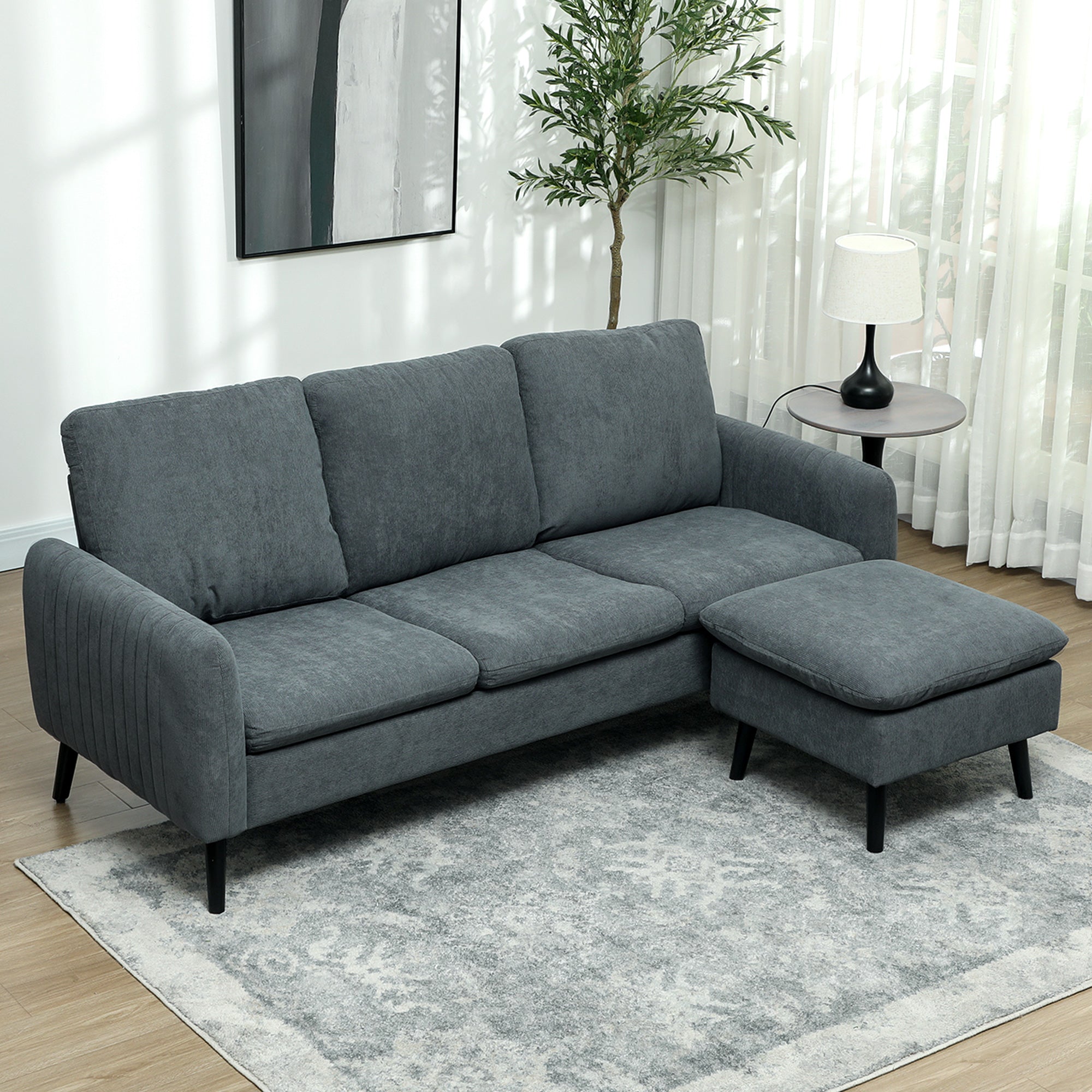 HOMCOM Ecksofa, 3-Sitzer-Sofa mit Fußhocker, Stoffbezug, L-förmiges Couch-Set, Dunkelgrau