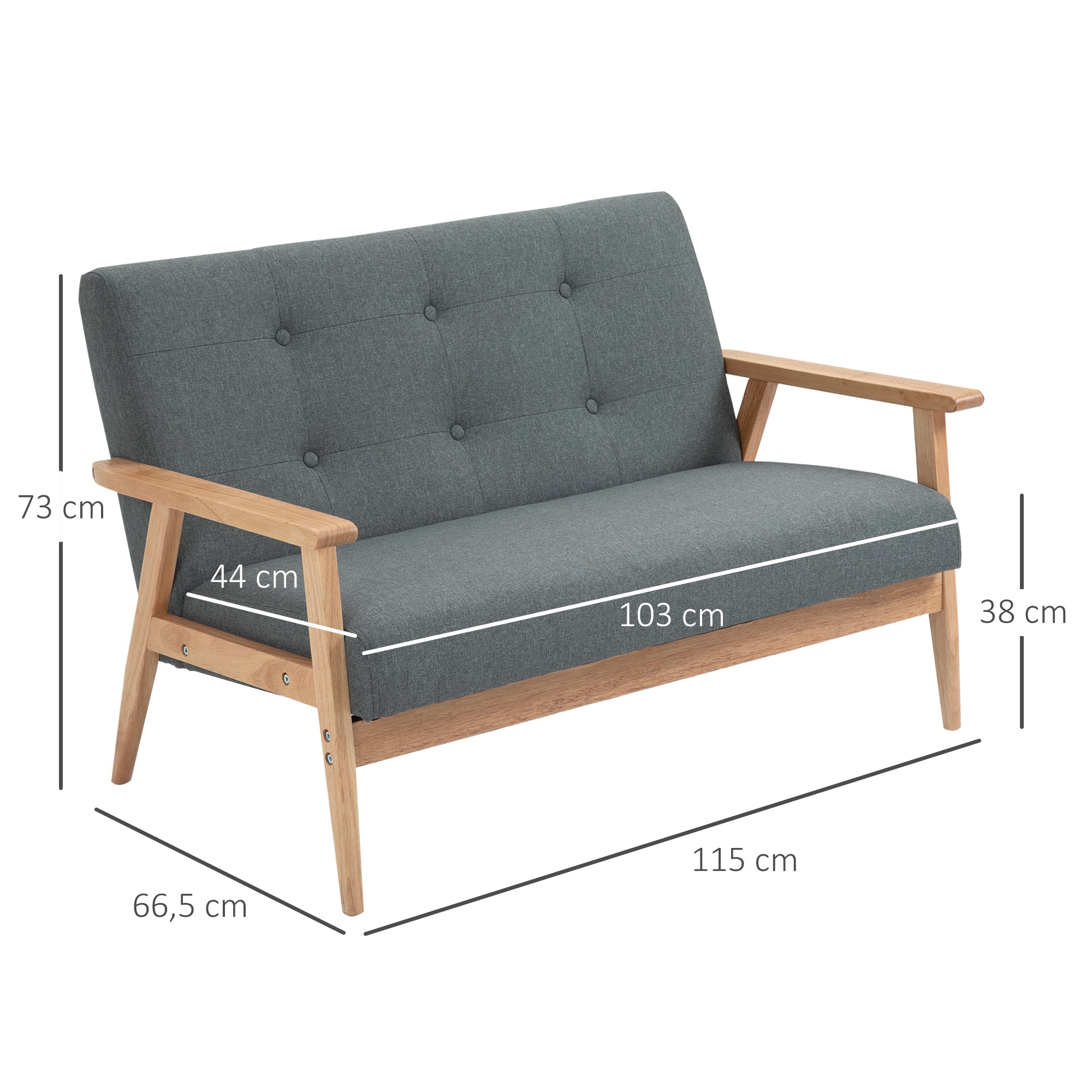 HOMCOM 2-Sitzer Sofa, Couch mit Armlehnen, Rückenkissen, Wohnzimmersofa mit Leinenoptik, Polstersofa für Wohnzimmer, Schlafzimmer 115 x 66,5 x 73 cm, Dunkelgrau