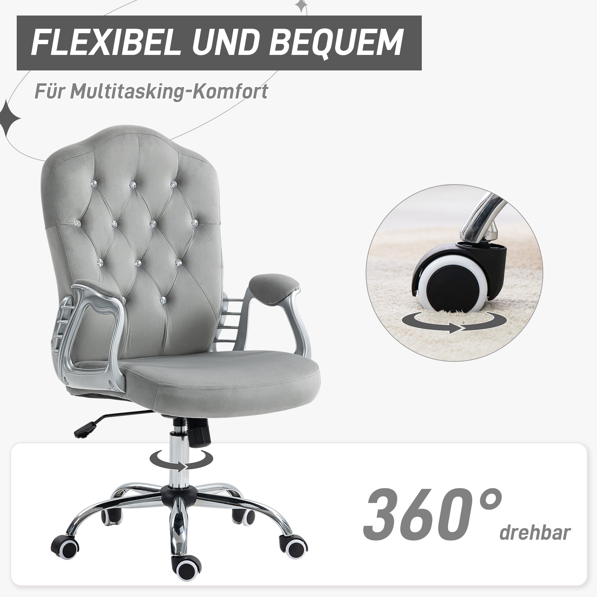 Vinsetto Bürostuhl, Wippfunktion, höhenverstellbar, Samtoptik, bis 120 kg, Hellgrau