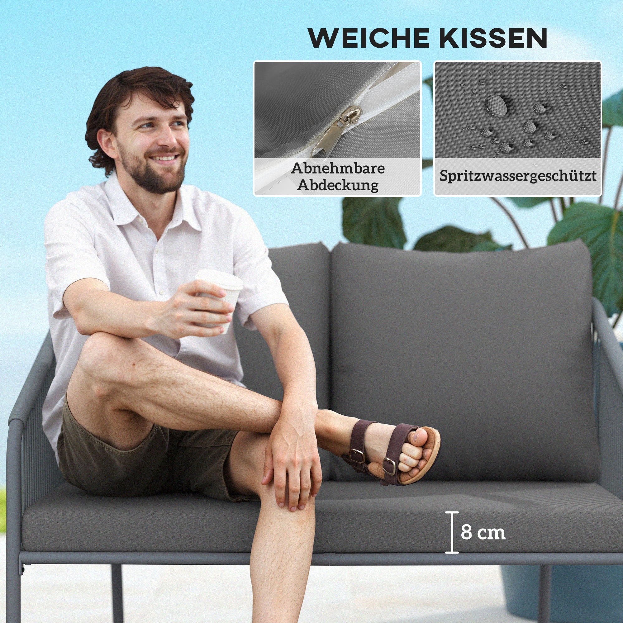 Outsunny Gartensofa mit Kissen 2-Sitzer Rattan Sofa Lounge Sofa Outdoor Balkon Sofa 112 x 72 x 76 cm Grau