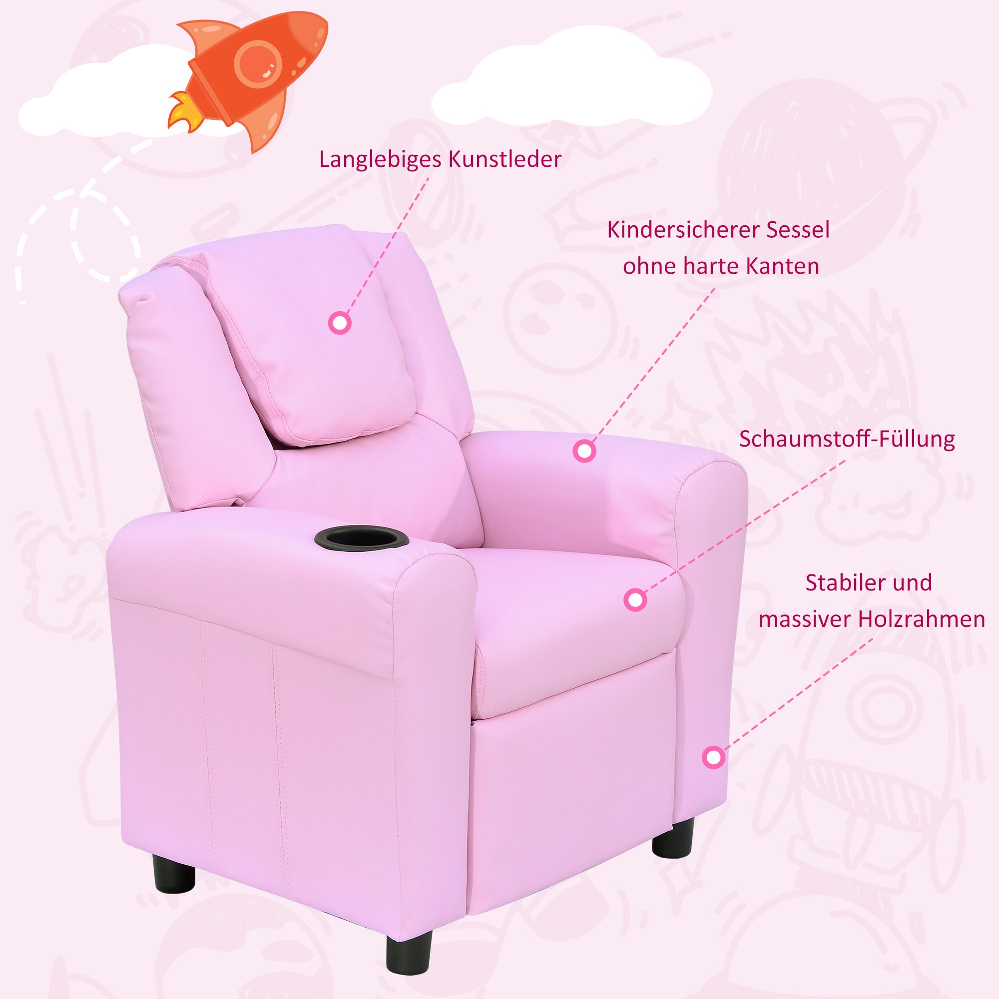 HOMCOM Kindersessel, Minisessel, Kindersofa für 3-6 Jahre alt, Liegefunktion, Eingebauten Becherhalter, Rosa, 62 x 56 x 69 cm