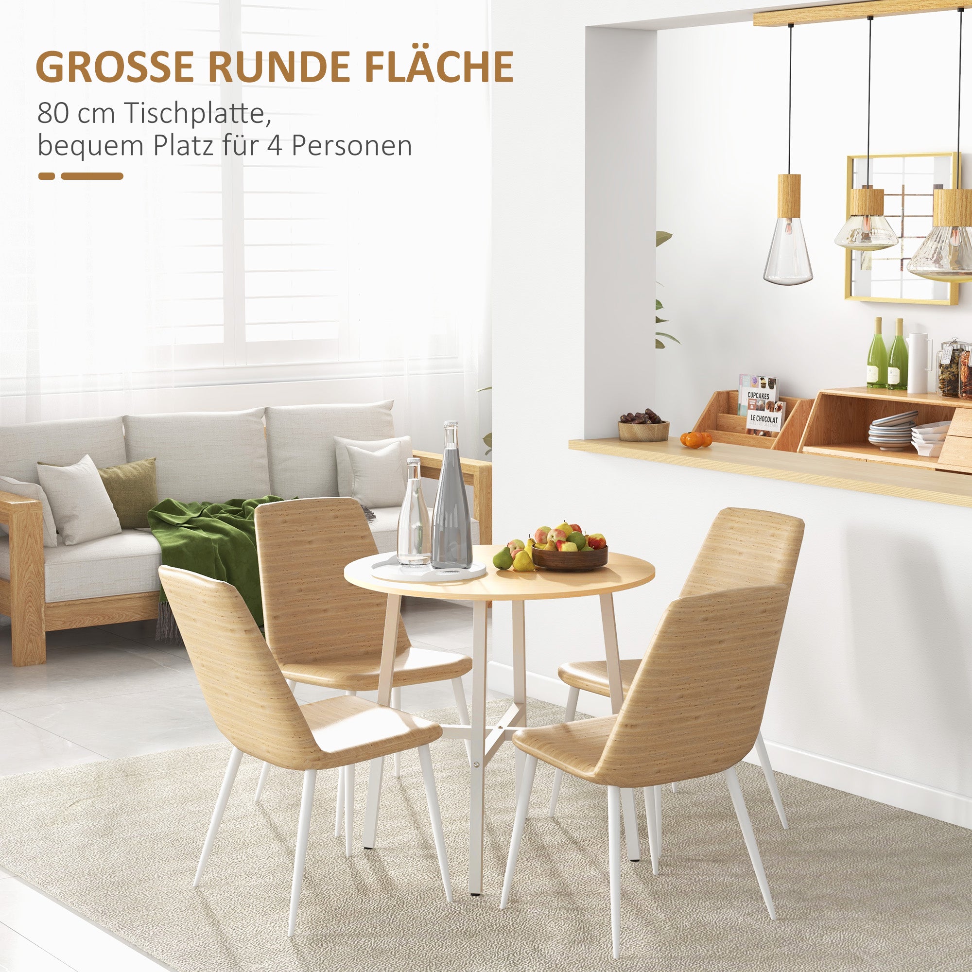 HOMCOM Esstisch, industrieller Stil, abgerundetes Design, stabil bis 60 kg, Ø80 x 76H cm, Naturholz/Weiß