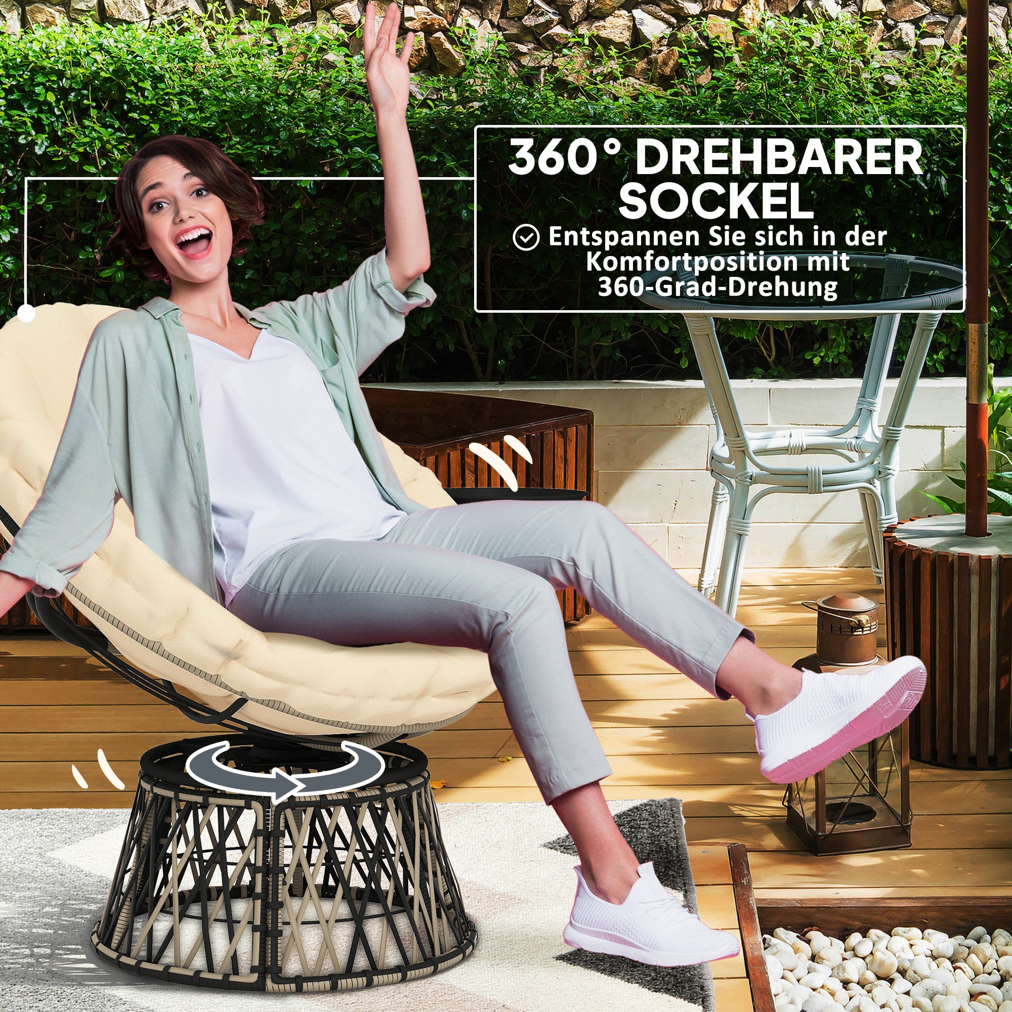 Outsunny Papasansessel Rattan 360° drehbar Korbsessel mit Kissen Durchmesser 90 cm runder Beige