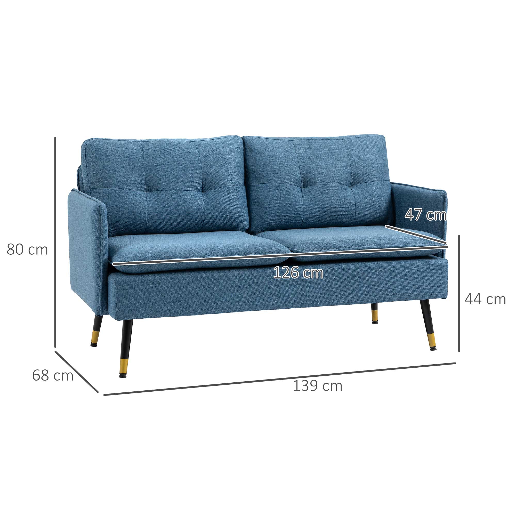 HOMCOM 2er-Sofa im Retrodesign, mit Knopfheftung, Sofa, Leinenoptik, Dunkelblau