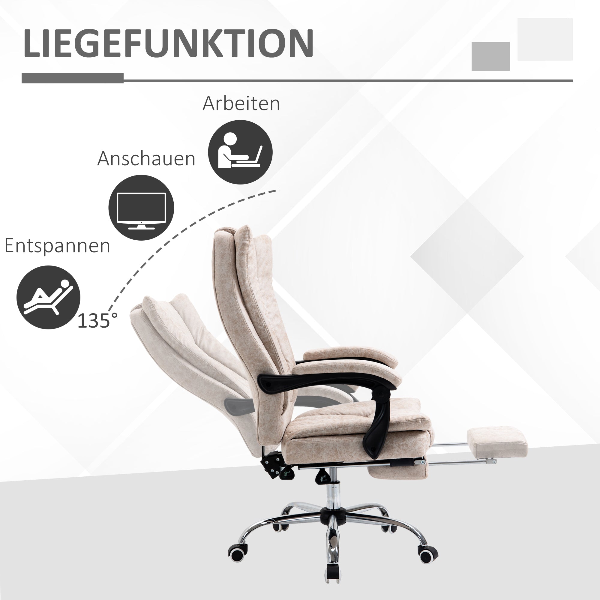 Vinsetto Bürostuhl Drehstuhl mit Liegefunktion Fußstütze Bürosessel Sitzhöhenverstellung Stuhl Schreibtischstuhl Mikrofaser Kunststoff Metall Nylon Beige+Schwarz+Silber 63 x 71 x 110-118 cm