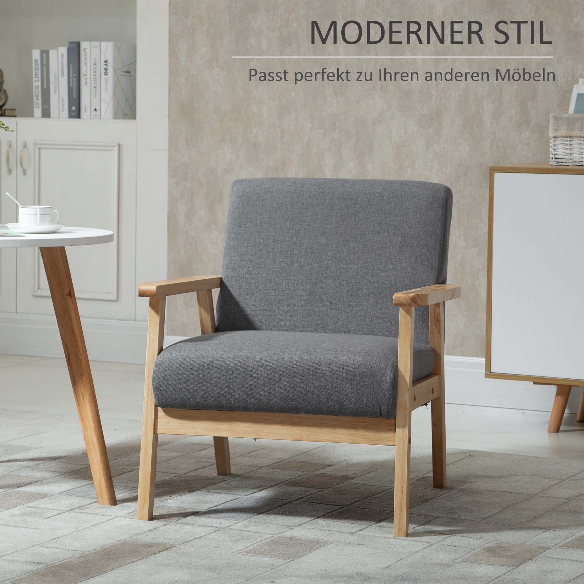 HOMCOM Sessel im Skandi-Design, Akzentsessel, Massivholz, Leinenoptik, 64 cm x 70 cm x 72 cm, Grau + Natur