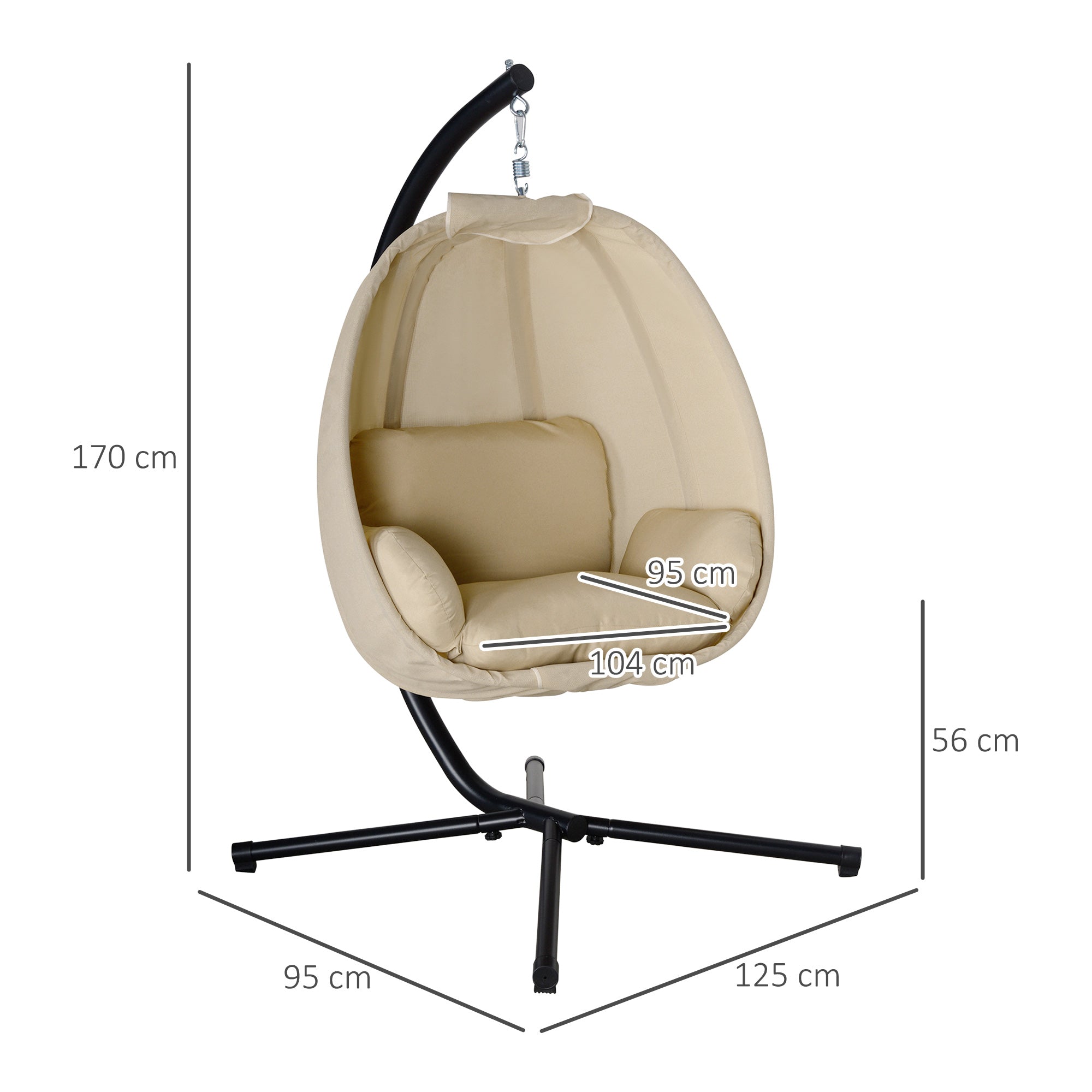 Outsunny Hängesessel, Eiförmiger Schaukelsitz mit weichem Kissen, für drinnen und draußen geeignet, 125L x 95B x 170H cm, Khaki