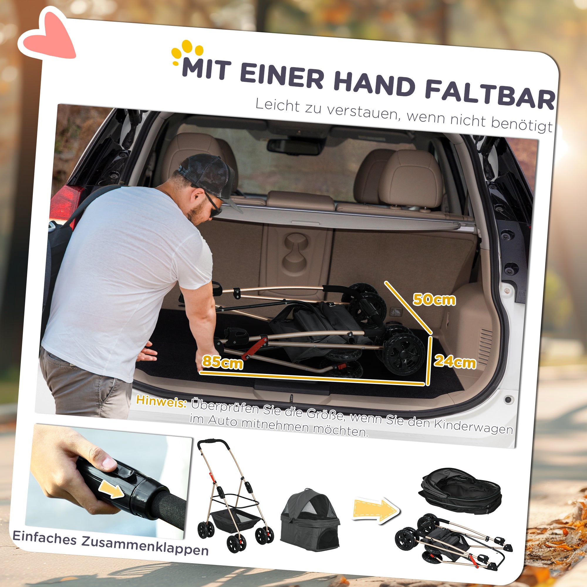 PawHut 3-in-1-Haustierkinderwagen, zusammenklappbarer Hundewagen mit 4 Rädern und abnehmbarer Trage für Hunde und Katzen, Grau