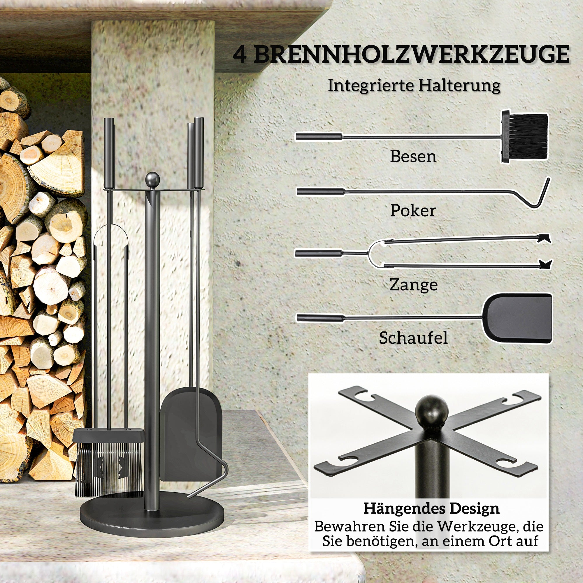 Outsunny Kaminbesteck, 5-teilig, Besen, Schaufel, Zange, Schürhaken und Ständer, feuerfestes Metall, Schwarz