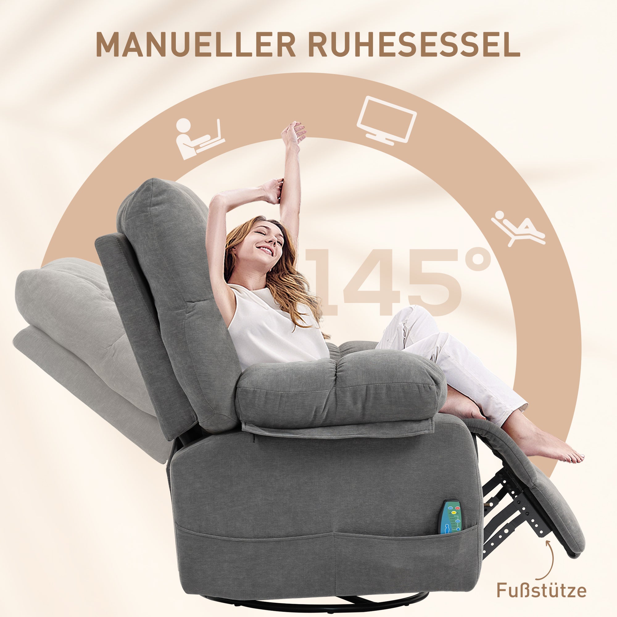 HOMCOM Relaxsessel mit Massagefunktion, Liegefunktion, Drehbarer Massagesessel, 4 Seitentaschen und Fernbedienung, Dunkelgrau