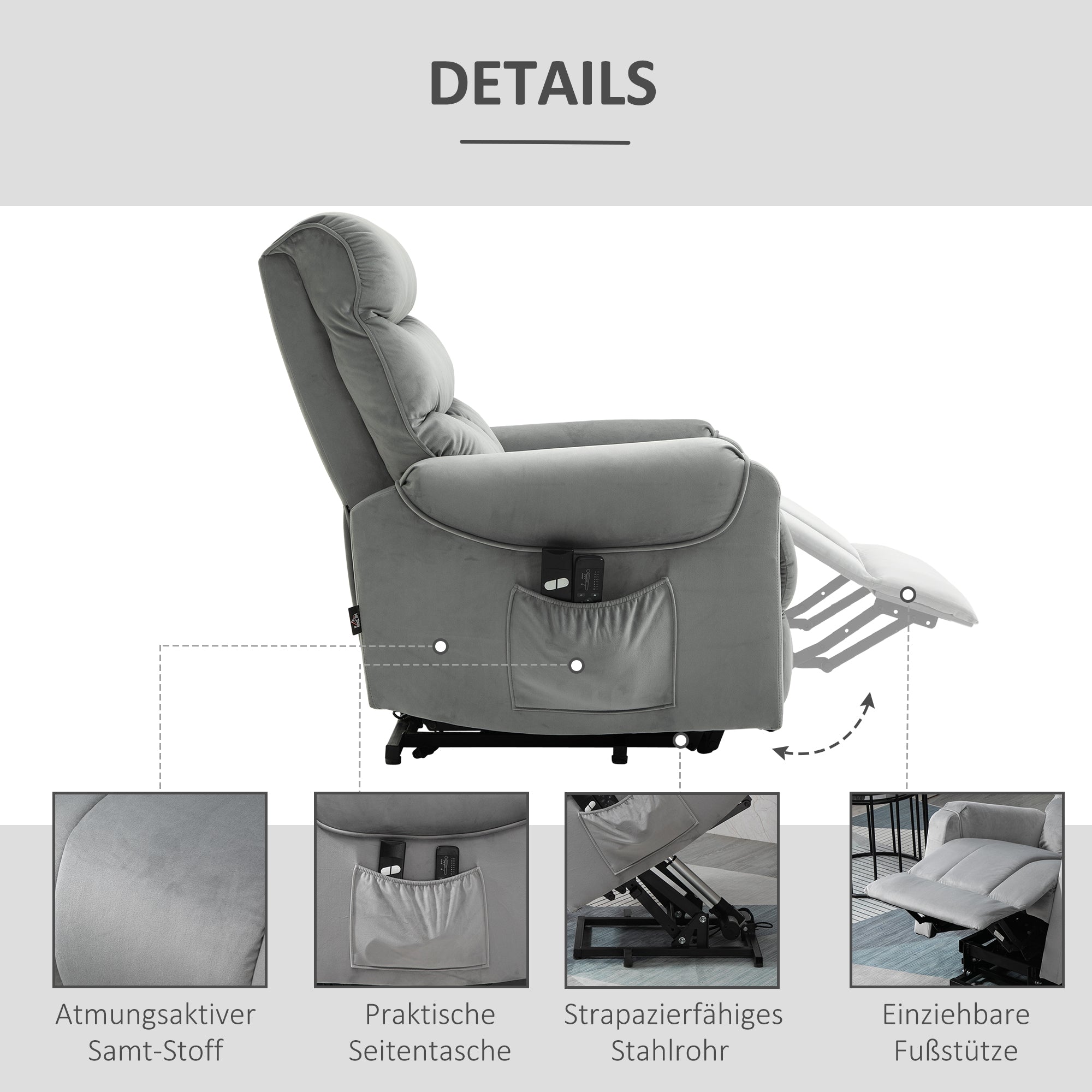 HOMCOM Aufstehhilfe Relaxsessel TV Sessel mit schlaffunktion elektrischer Fernsehsessel mit Liegefunktion Samtartiges Polyester Metall Schaumstoff Hellgrau 79 x 97 x 103 cm