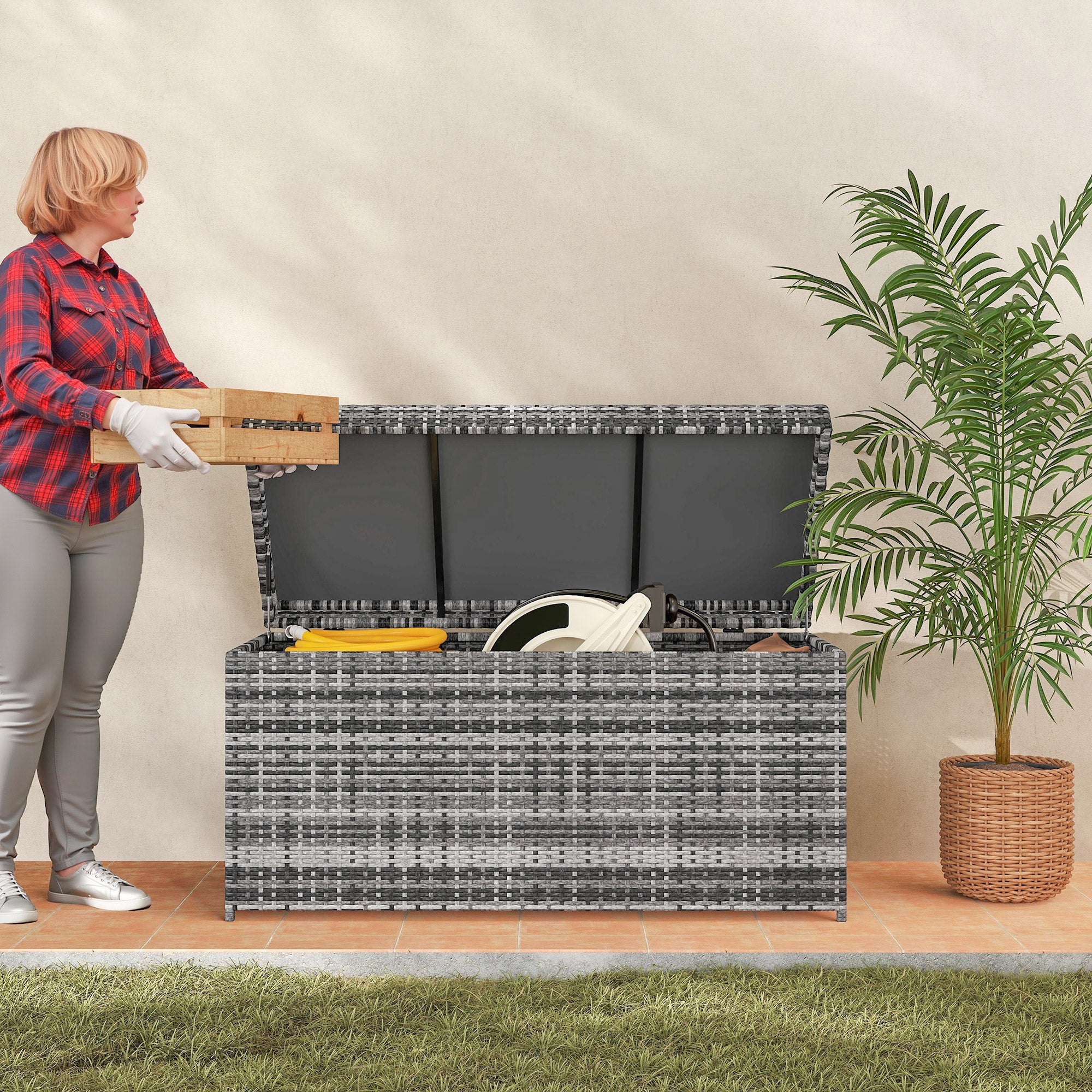 Outsunny Rattan Auflagenbox 380L wetterfest Kissenbox mit Deckel Stauraum UV-beständig 130 x 61 x 65 cm Dunkelgrau