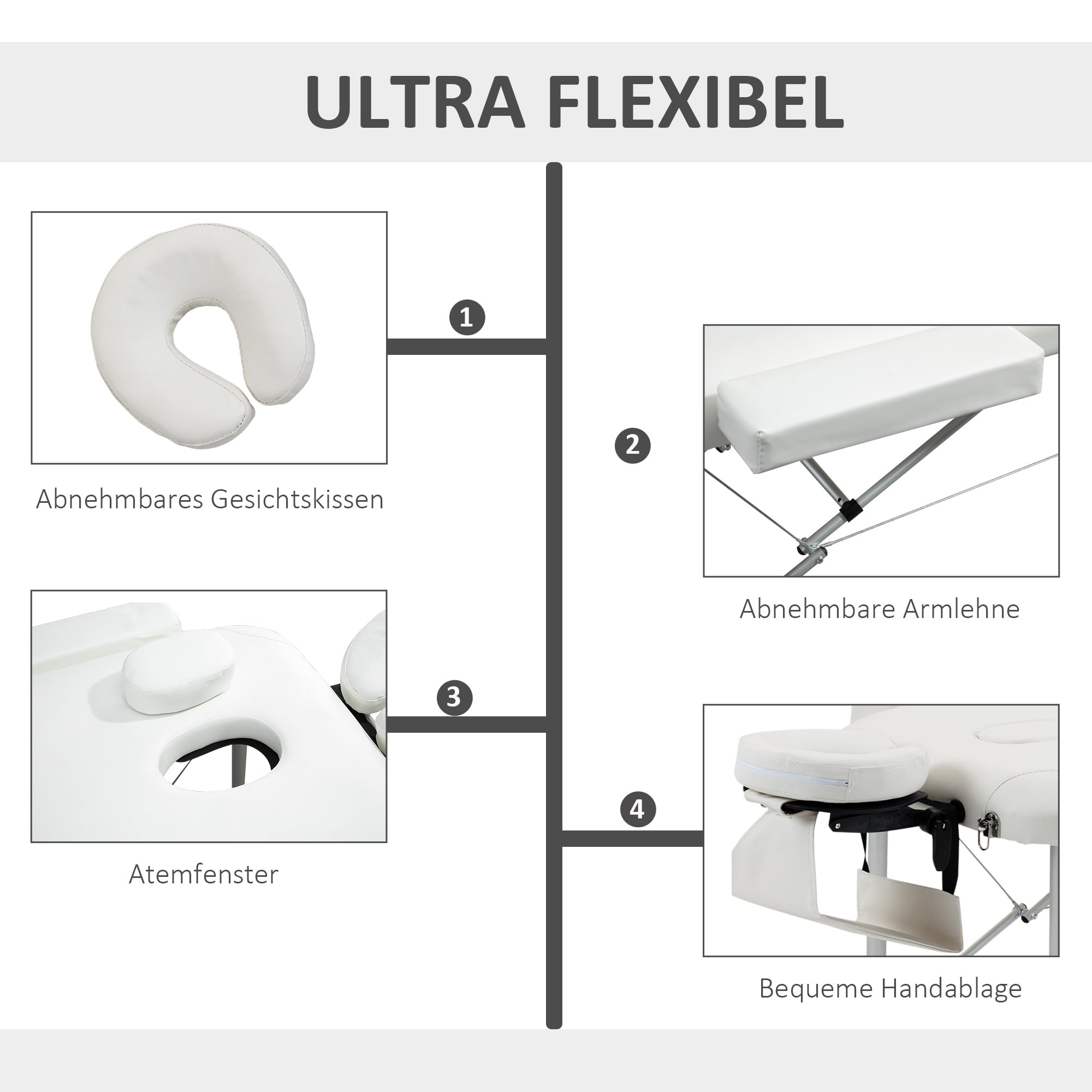 HOMCOM Massageliegen klappbar Kosmetikliegen höhenverstellbarer Massagetisch Massagebett Aluminium Schaumstoff Kunststoff Weiß 215 x 81 x 61-84 cm
