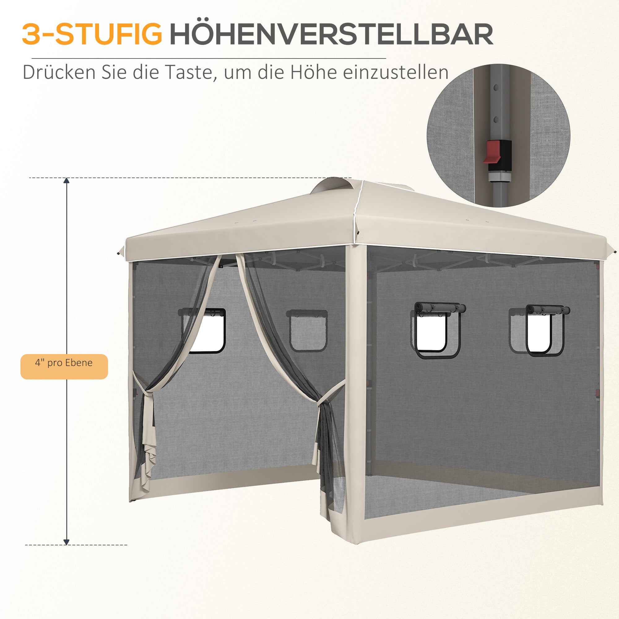 Outsunny Faltpavillon, höhenverstellbar, Netzvorhänge, Tragetasche, Metallgestell, 3 x 3 x 3 m, Beige