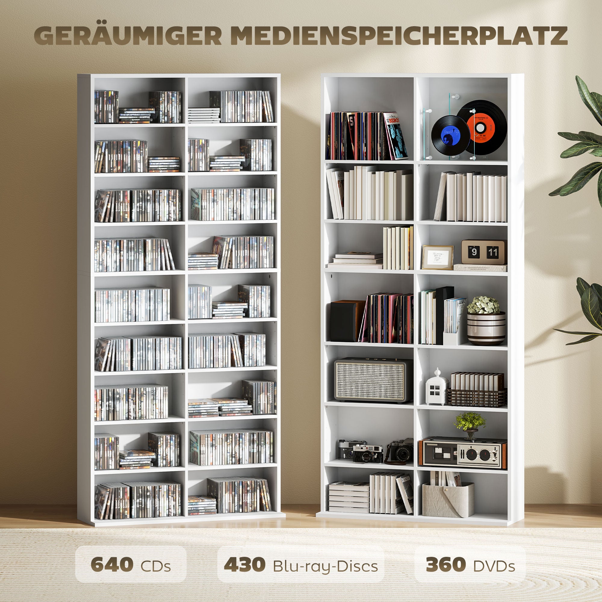 HOMCOM DVD-Regal, CD-Aufbewahrungsregal, 14 anpassbare Regale, 18 Fächer, 175 cm, Blu-ray-Regal, Spanplatte, Weiß