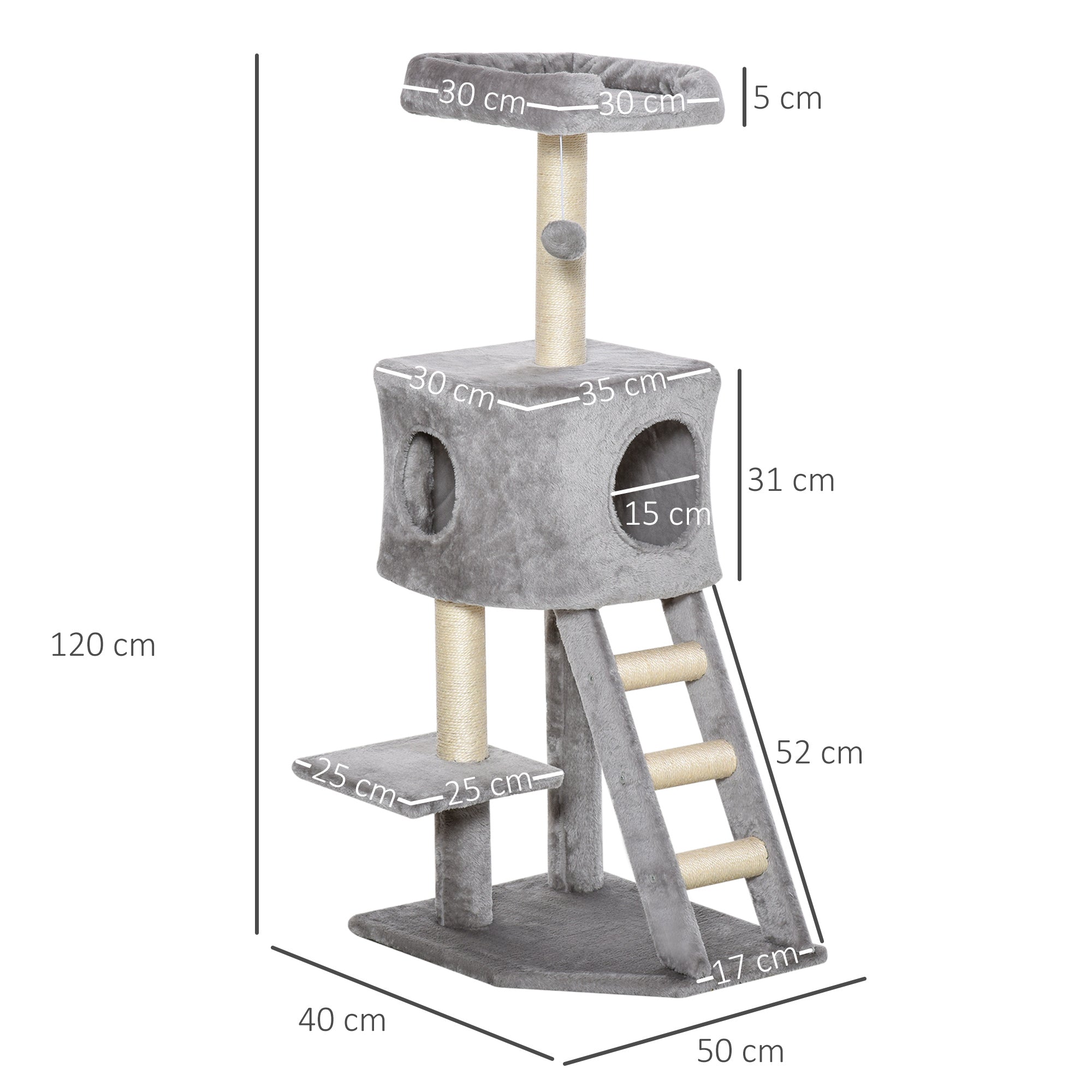 PawHut Kratzbaum 120 cm Katzenturm mit Höhle, Spielball, Sisalstämme,  Plattform, Treppe, mehrstöckiger Katzenkratzbaum, Kletterbaum für Katzen, Hellgrau