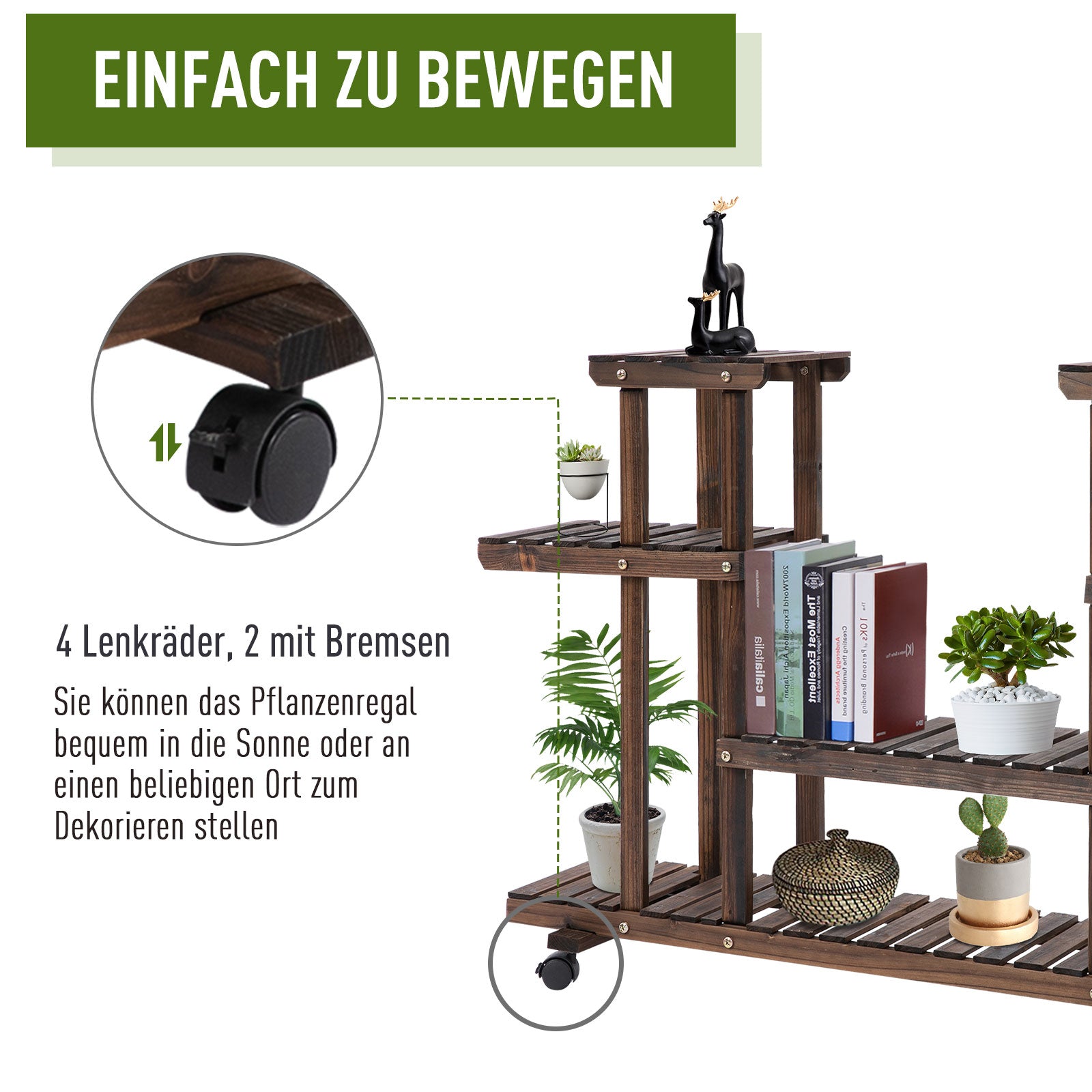 Outsunny Blumentreppe 6 Regale 4 Rollen 123,5 cm × 33 cm × 80 cm Massivholz Braun 123,5 cm × 33 cm × 80 cm