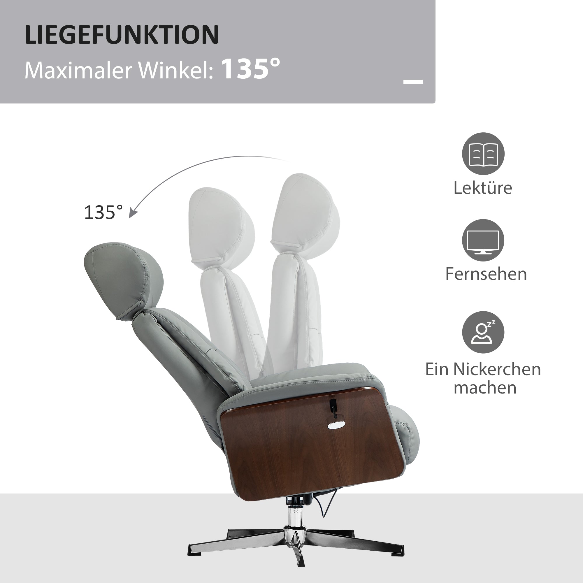 HOMCOM Relaxsessel mit Hocker, Liegefunktion, drehbar, Lederoptik, bis 150 kg, Hellgrau