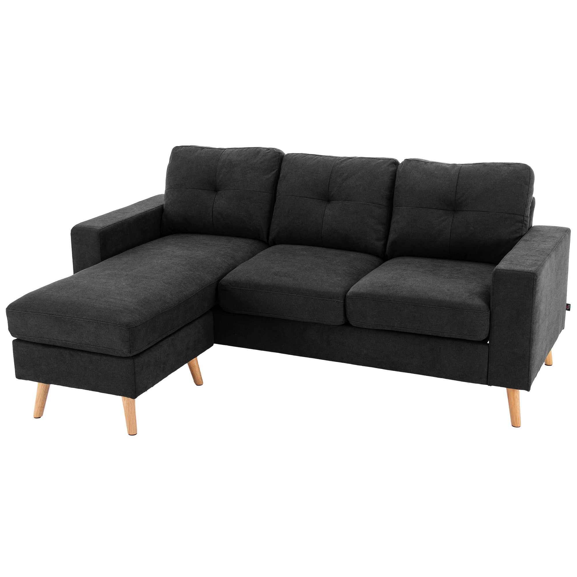 HOMCOM 3-Sitzer-Sofa Sofa Couch Ecksofa, mit Chaiselongue, Knopfheftung, 193 x136 x 85 cm, Schwarz