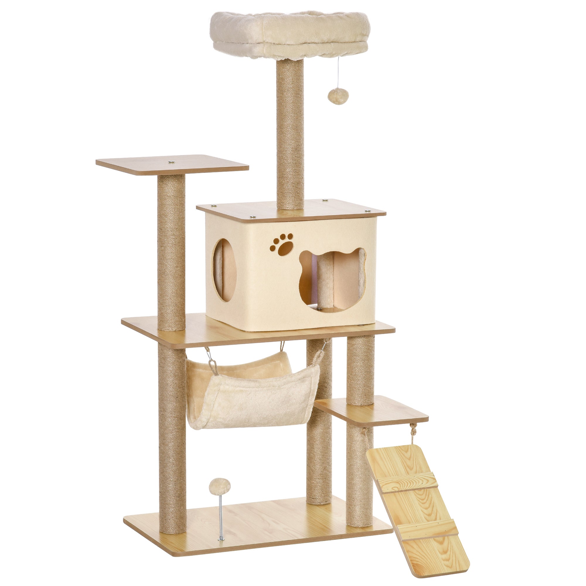 PawHut Kratzbaum Holz 130 cm Gelb mit Höhle & Hängematte