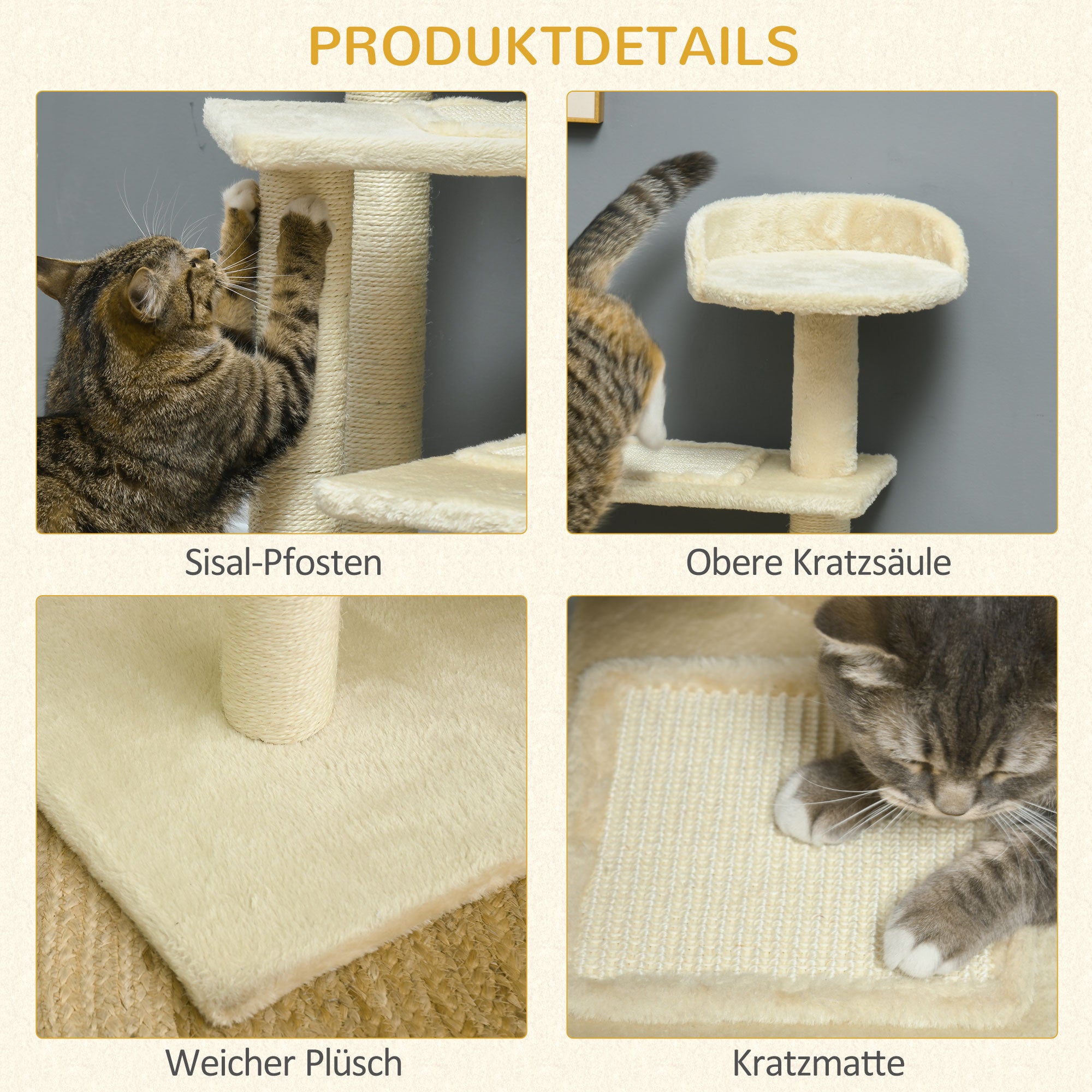 PawHut Kratzbaum 100 cm Katzenturm mit Sisalstämme, große Plattform, mehrstöckiger Katzenkratzbaum, Kletterbaum, für kleine & mittelgroße Katzen, Beige