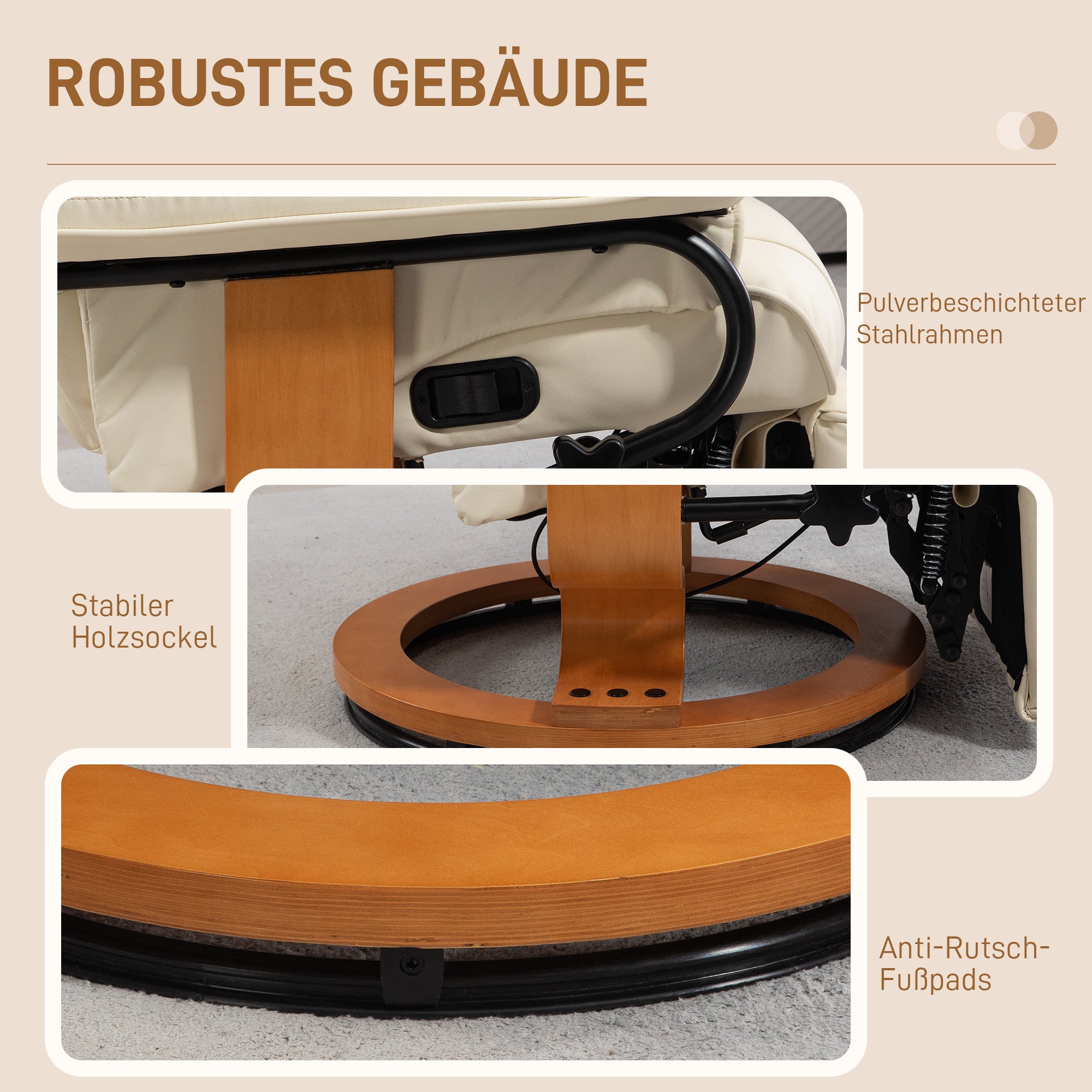 HOMCOM Relaxsessel mit Liegefunktion, drehbar, bis 150 kg, Kunstlederbezug, Stahlrahmen, Cremeweiß