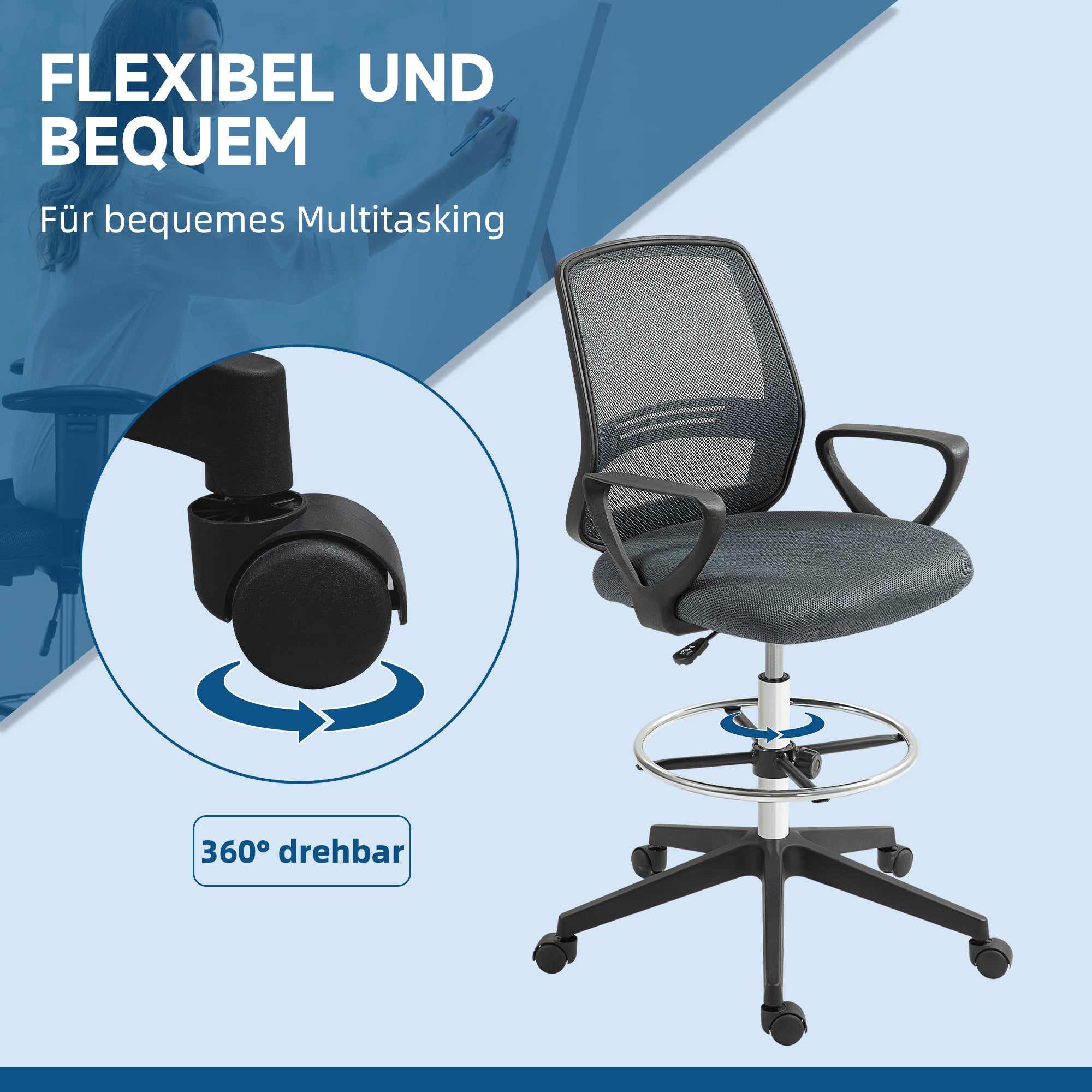 Vinsetto Bürostuhl Ergonomischer Schreibtischstuhl mit Armlehnen und Verstellbarer Fußring Netzbespannung Grau