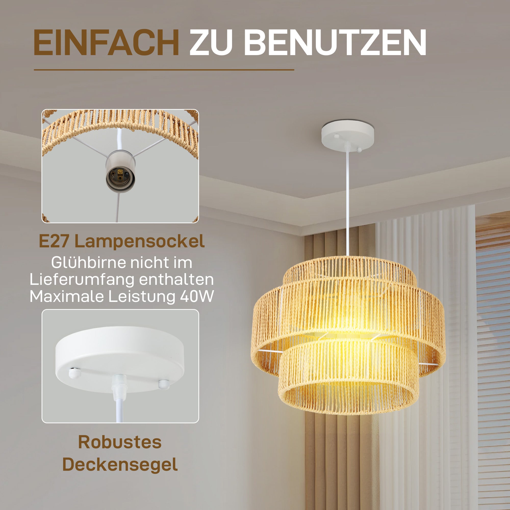 HOMCOM Hängelampe, 3-stufiger Lampenschirm, Metall, Hanfseil, Hellbraun