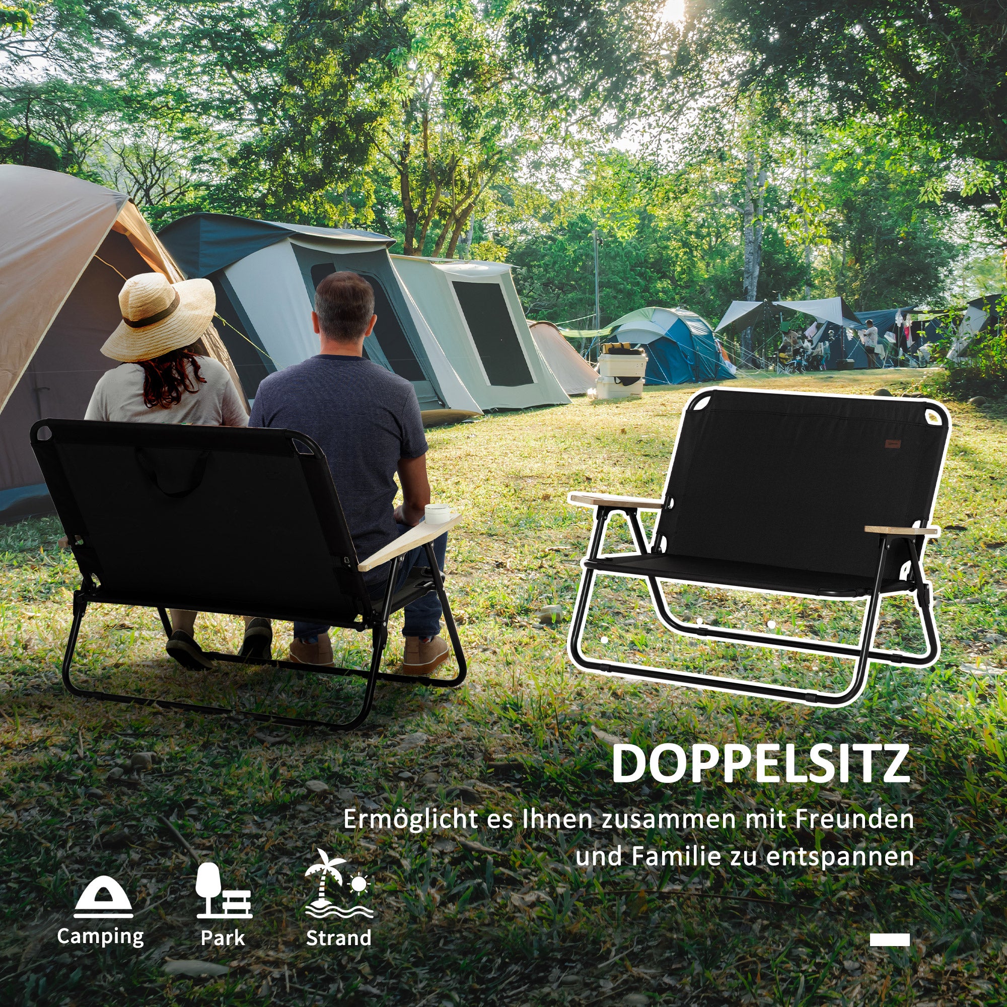 Outsunny 2-Sitzer Campingstuhl, klappbar, mit Getränkehalter, 141 x 67 x 80 cm, Schwarz
